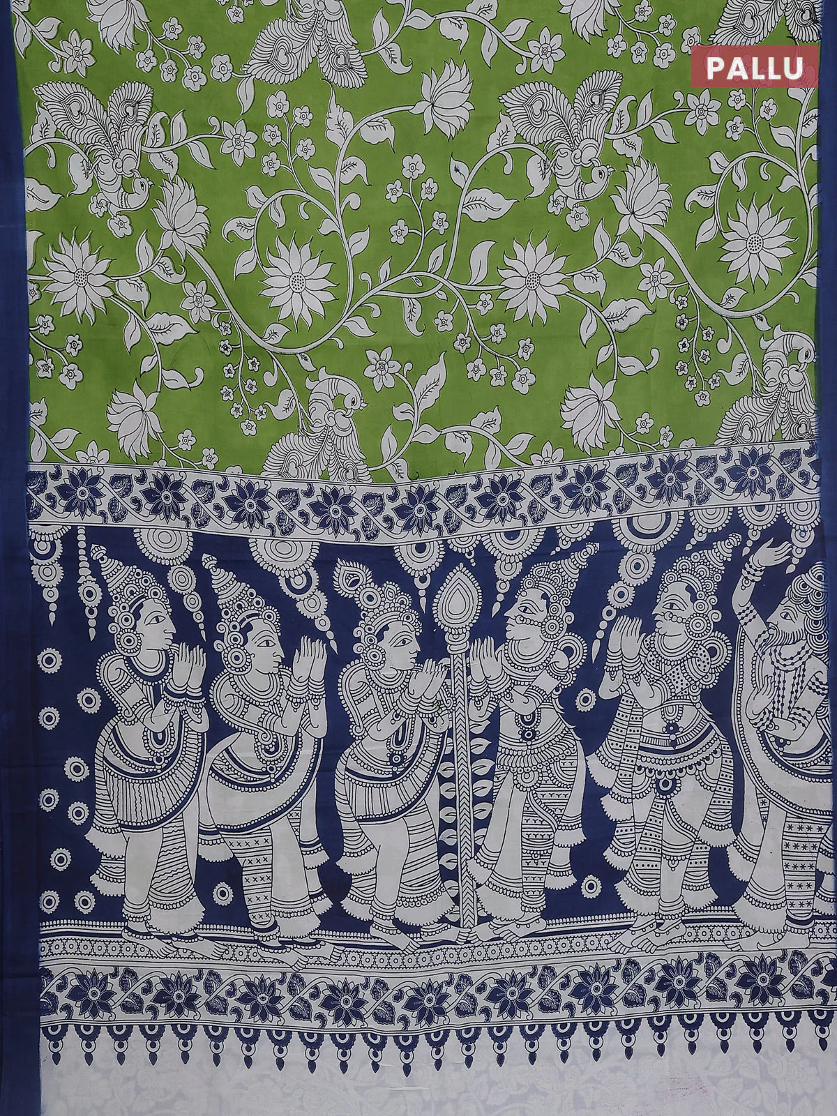 Kalamkari semi silk saree light green and peacock blue with allover prints and simple border - Image 3