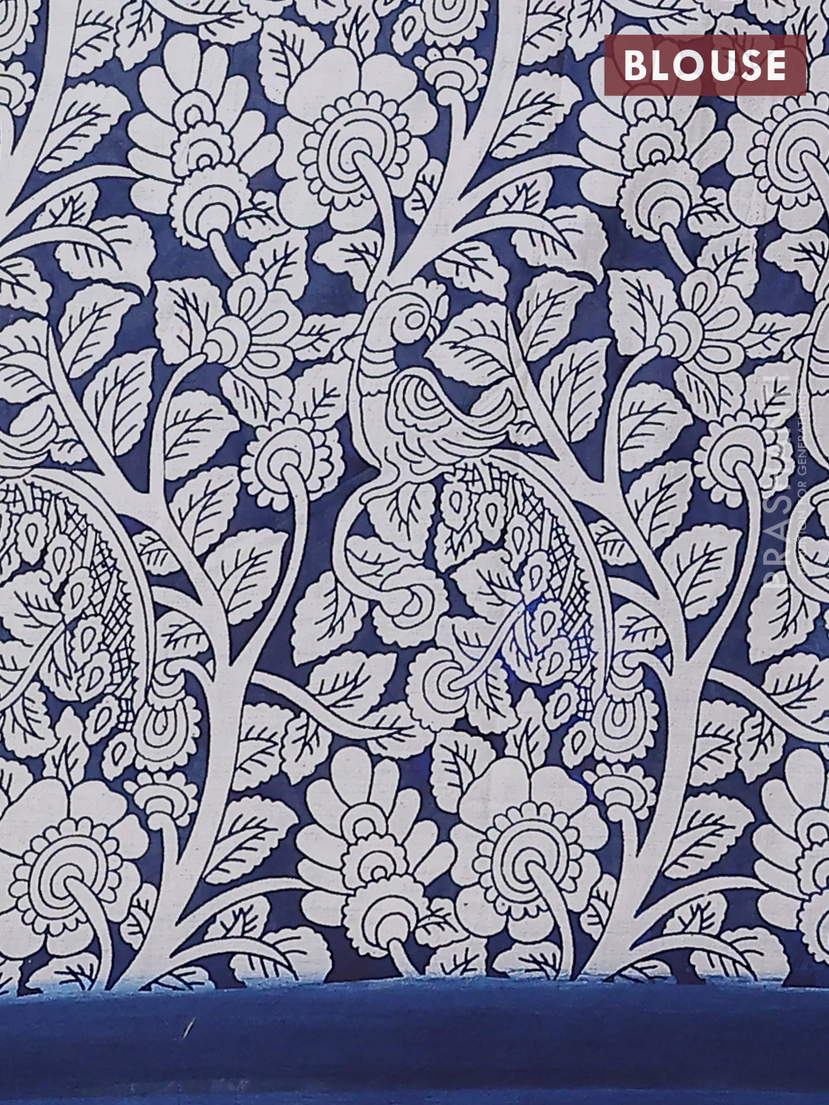Kalamkari semi silk saree light green and peacock blue with allover prints and simple border - Image 4