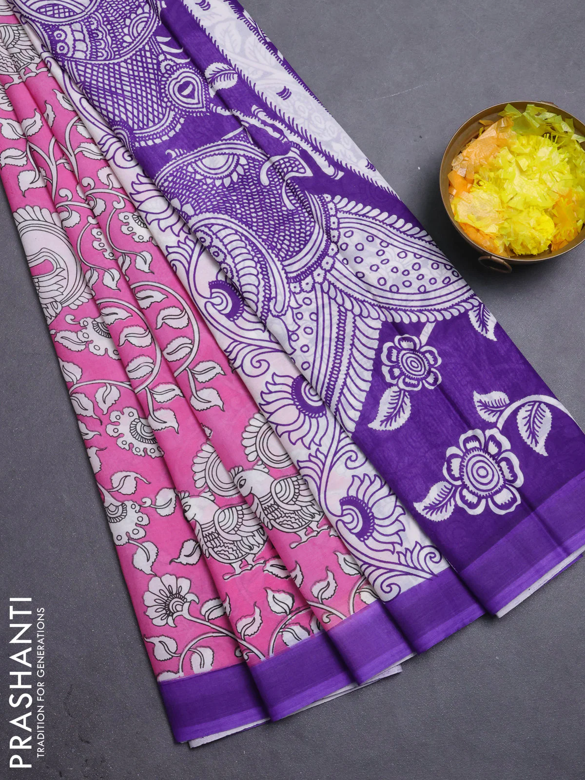 Kalamkari semi silk saree light pink and violet with allover prints and simple border