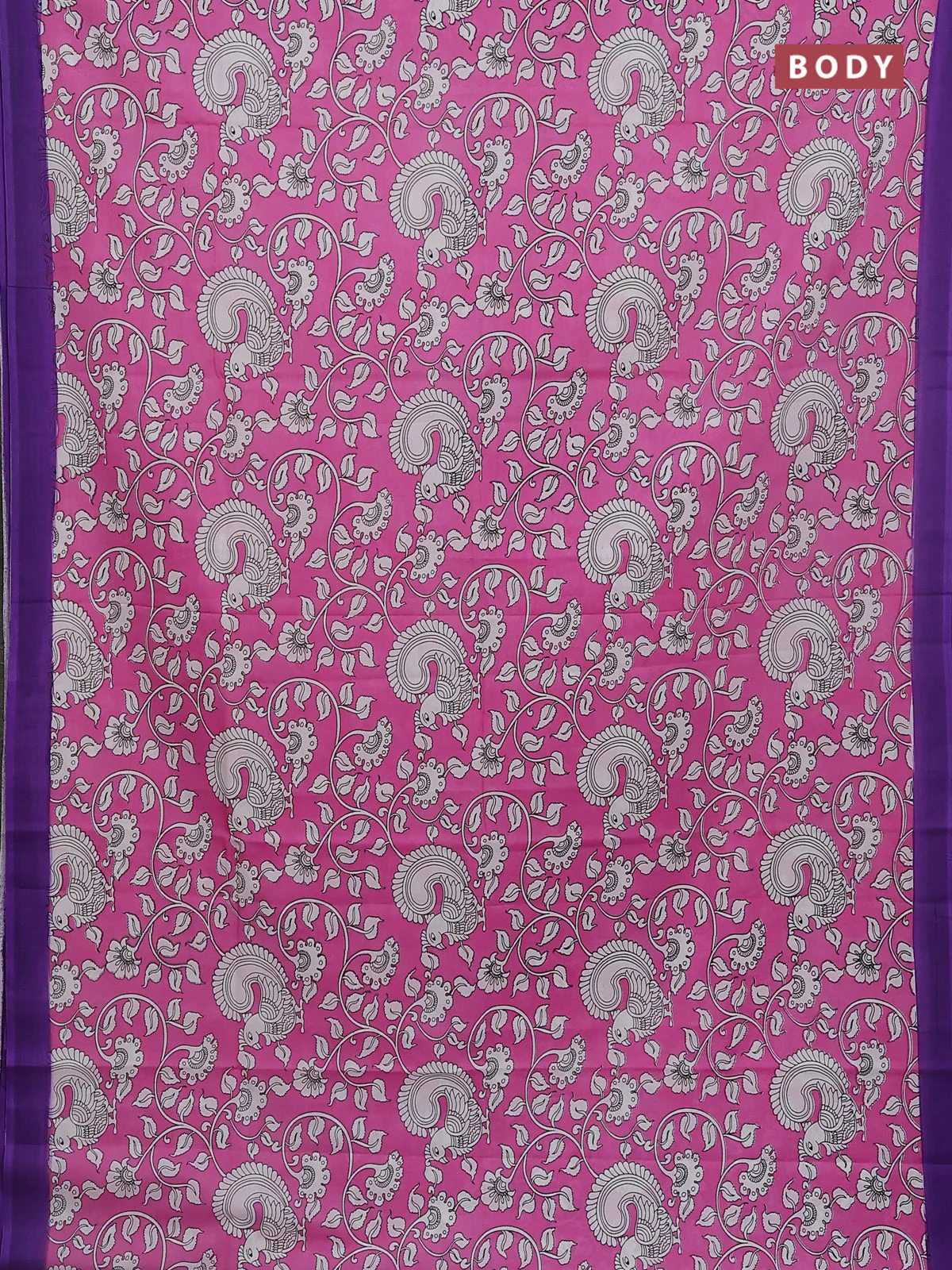 Kalamkari semi silk saree light pink and violet with allover prints and simple border - Image 2