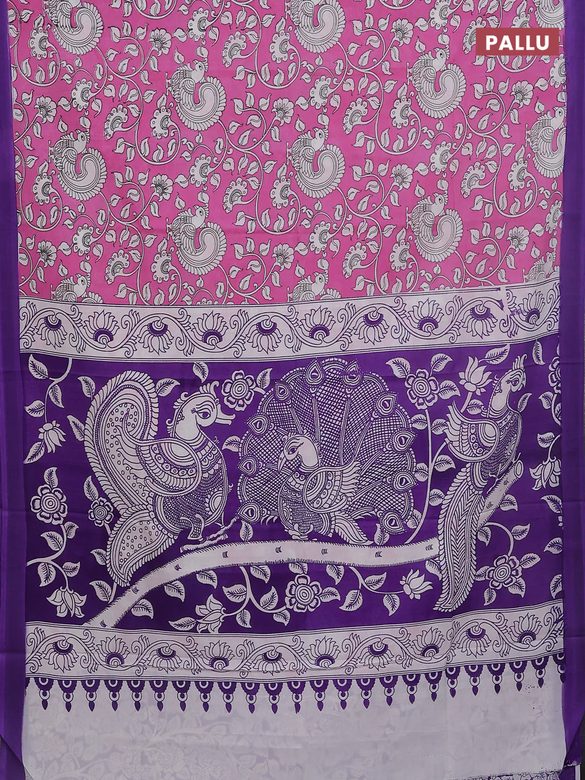 Kalamkari semi silk saree light pink and violet with allover prints and simple border - Image 3