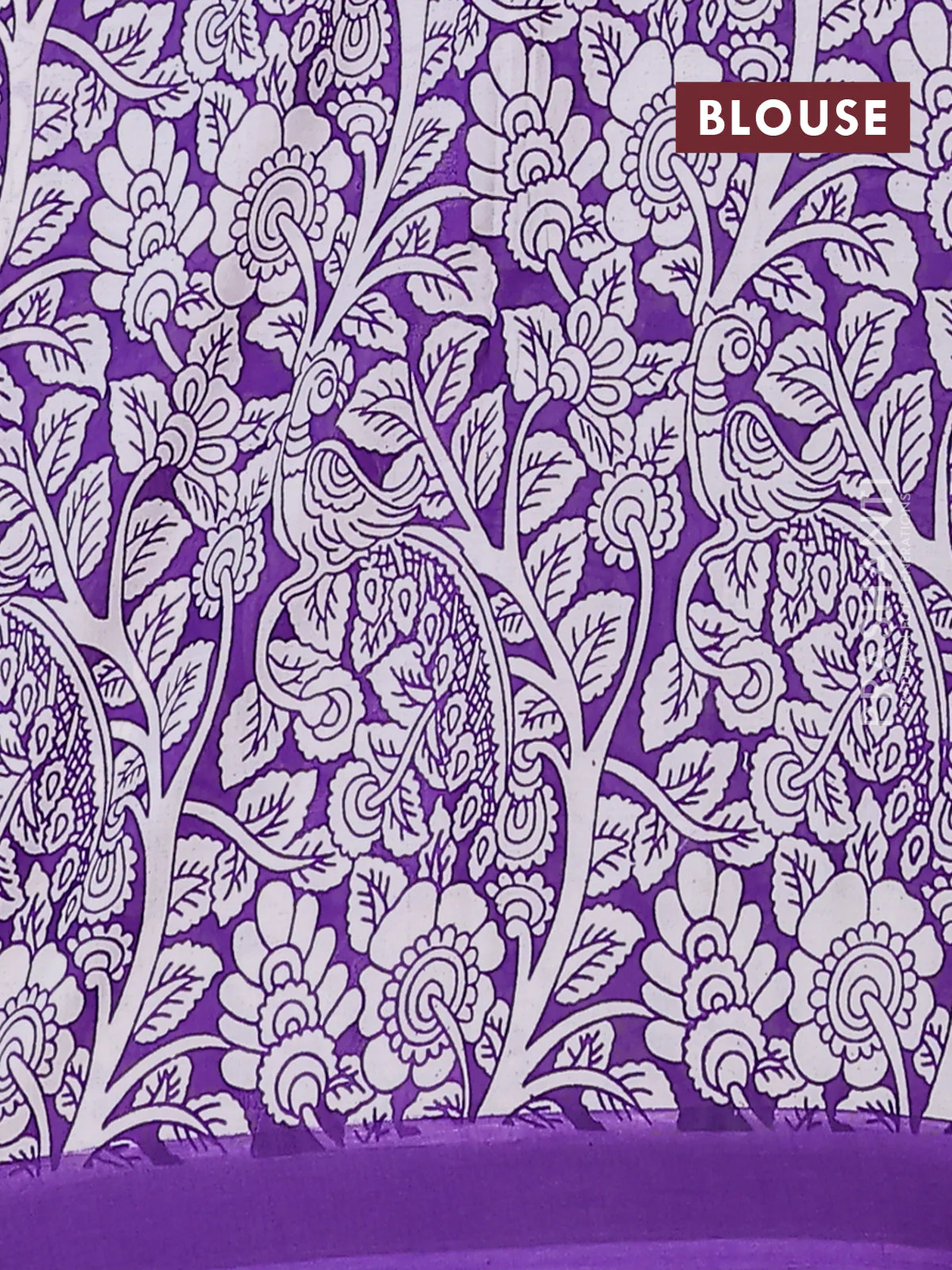 Kalamkari semi silk saree light pink and violet with allover prints and simple border - Image 4