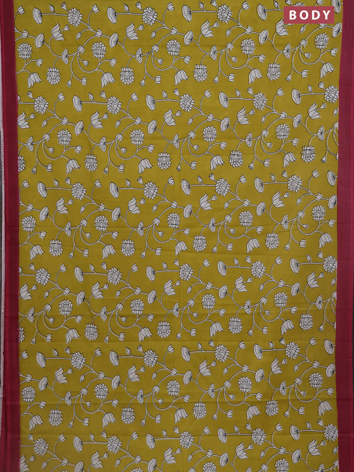 Kalamkari semi silk saree lime yellow and mauve pink with allover prints and simple border - Image 2