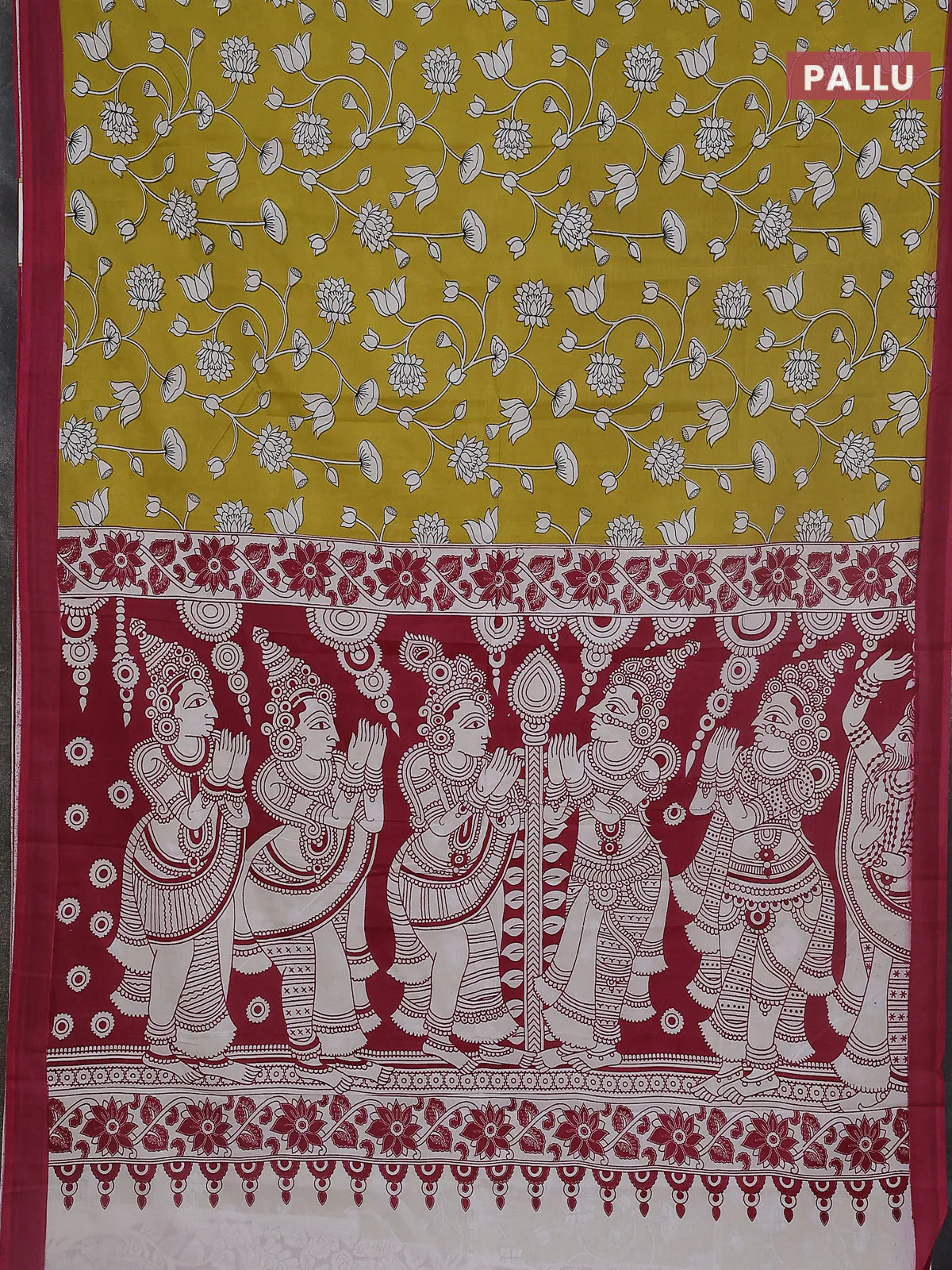Kalamkari semi silk saree lime yellow and mauve pink with allover prints and simple border - Image 3