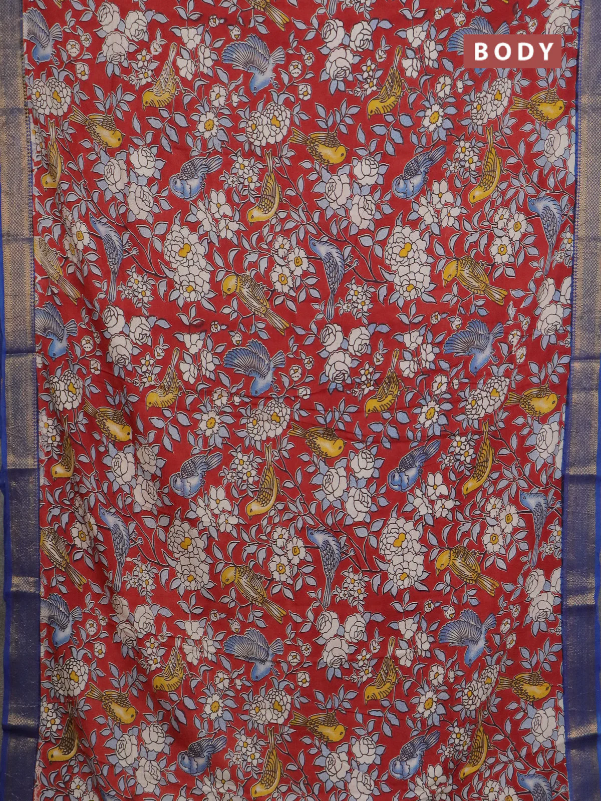 Kalamkari semi silk saree maroon and blue with allover prints and mangalgiri border - Image 2