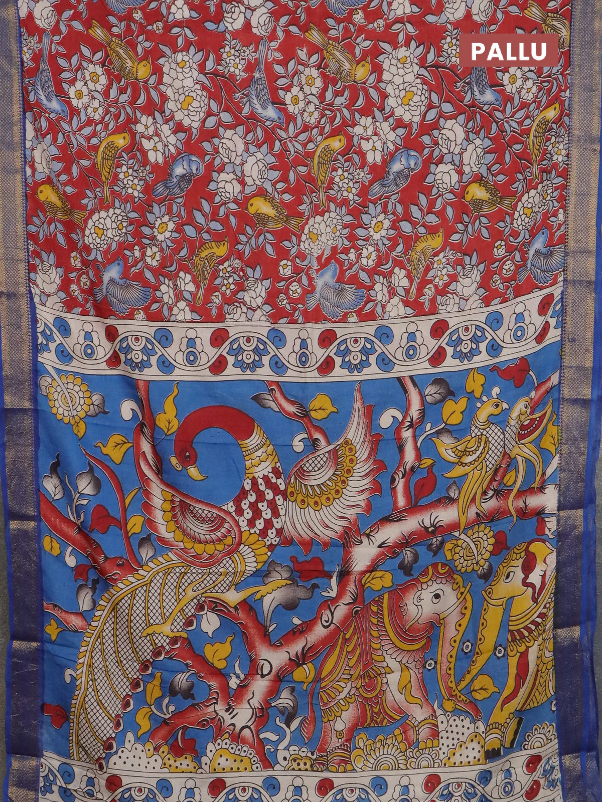 Kalamkari semi silk saree maroon and blue with allover prints and mangalgiri border - Image 3