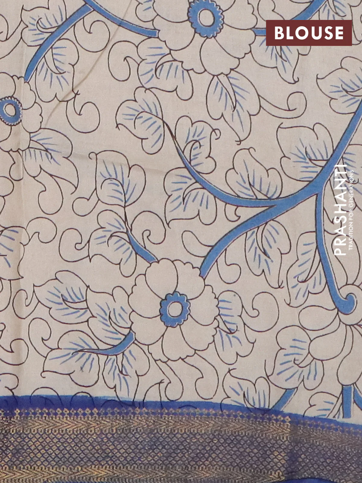 Kalamkari semi silk saree maroon and blue with allover prints and mangalgiri border - Image 4