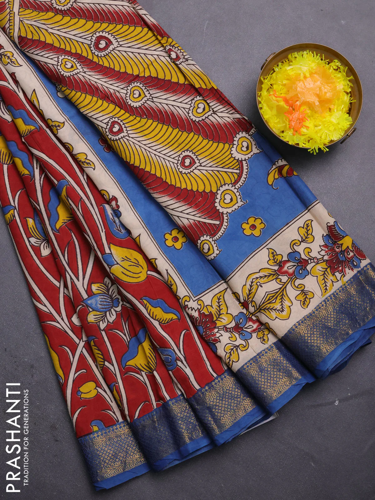 Kalamkari semi silk saree maroon and blue with allover prints and mangalgiri border