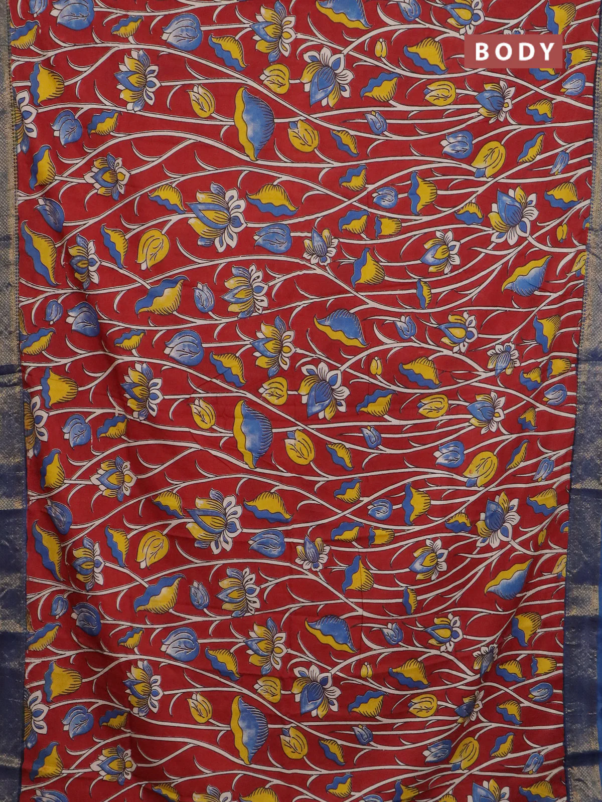 Kalamkari semi silk saree maroon and blue with allover prints and mangalgiri border - Image 2