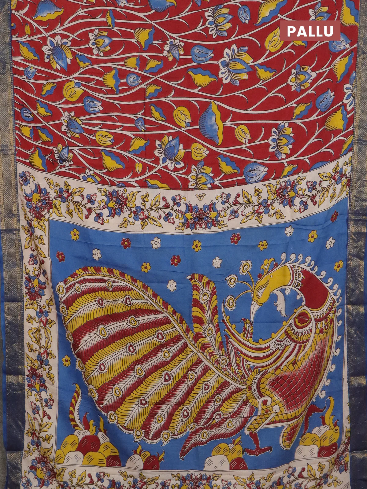Kalamkari semi silk saree maroon and blue with allover prints and mangalgiri border - Image 3