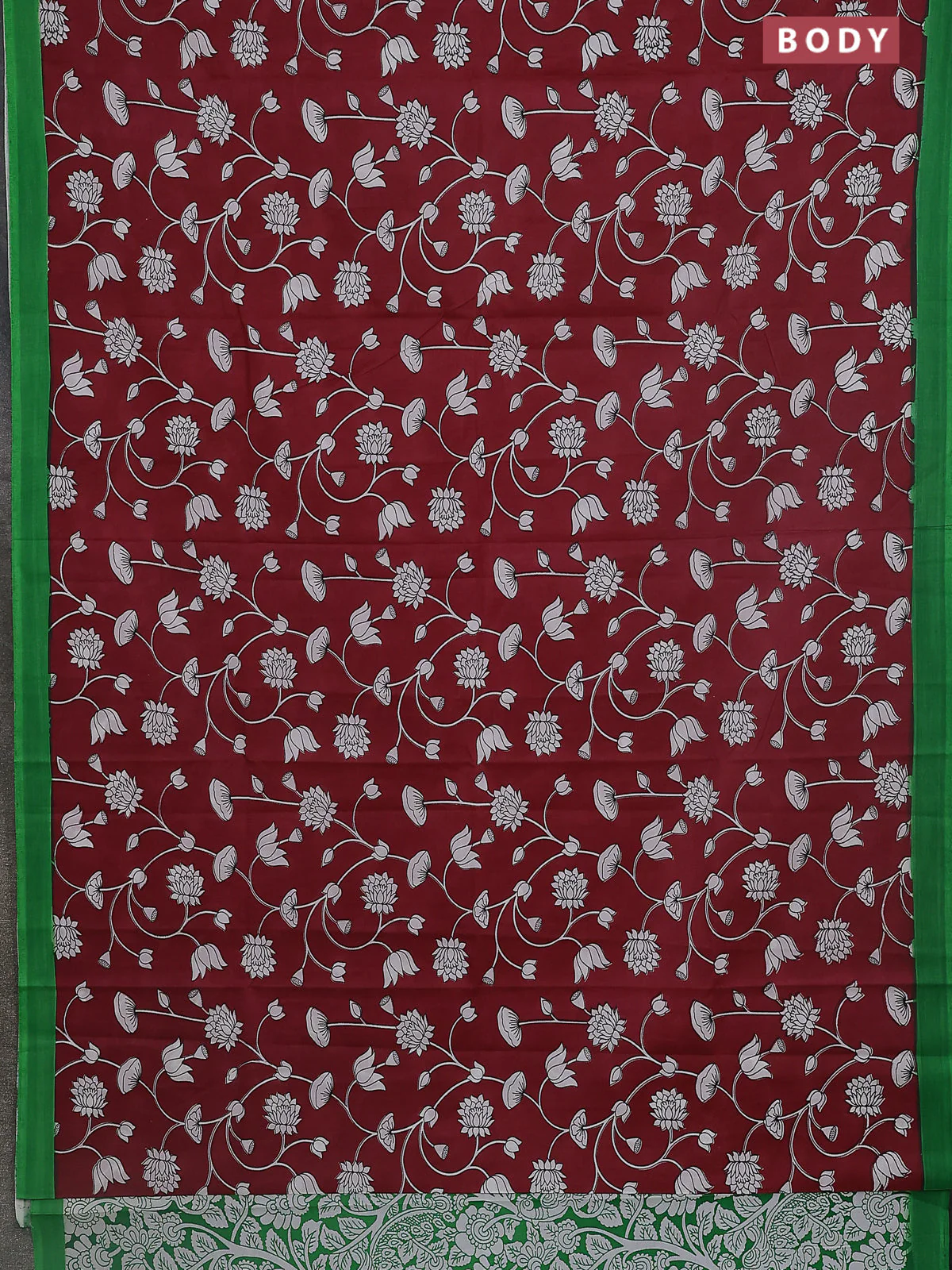 Kalamkari semi silk saree maroon and green with allover prints and simple border - Image 2
