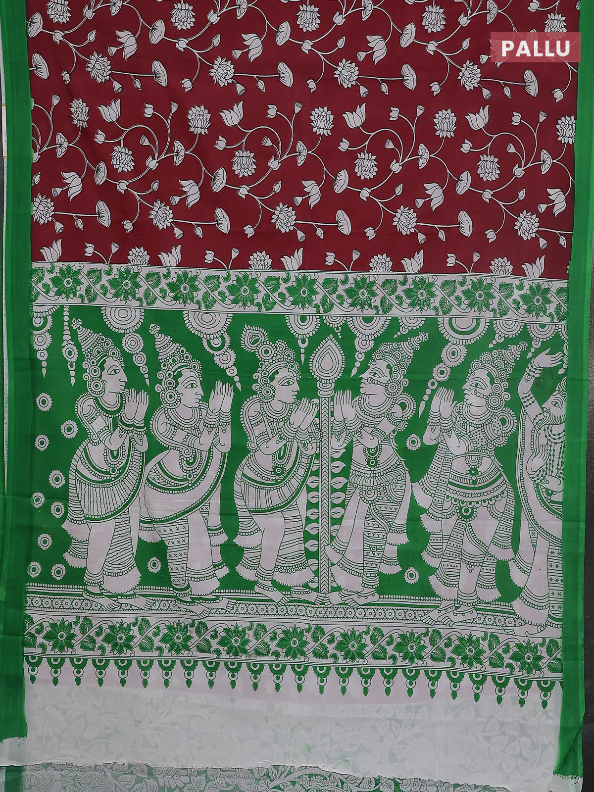 Kalamkari semi silk saree maroon and green with allover prints and simple border - Image 3