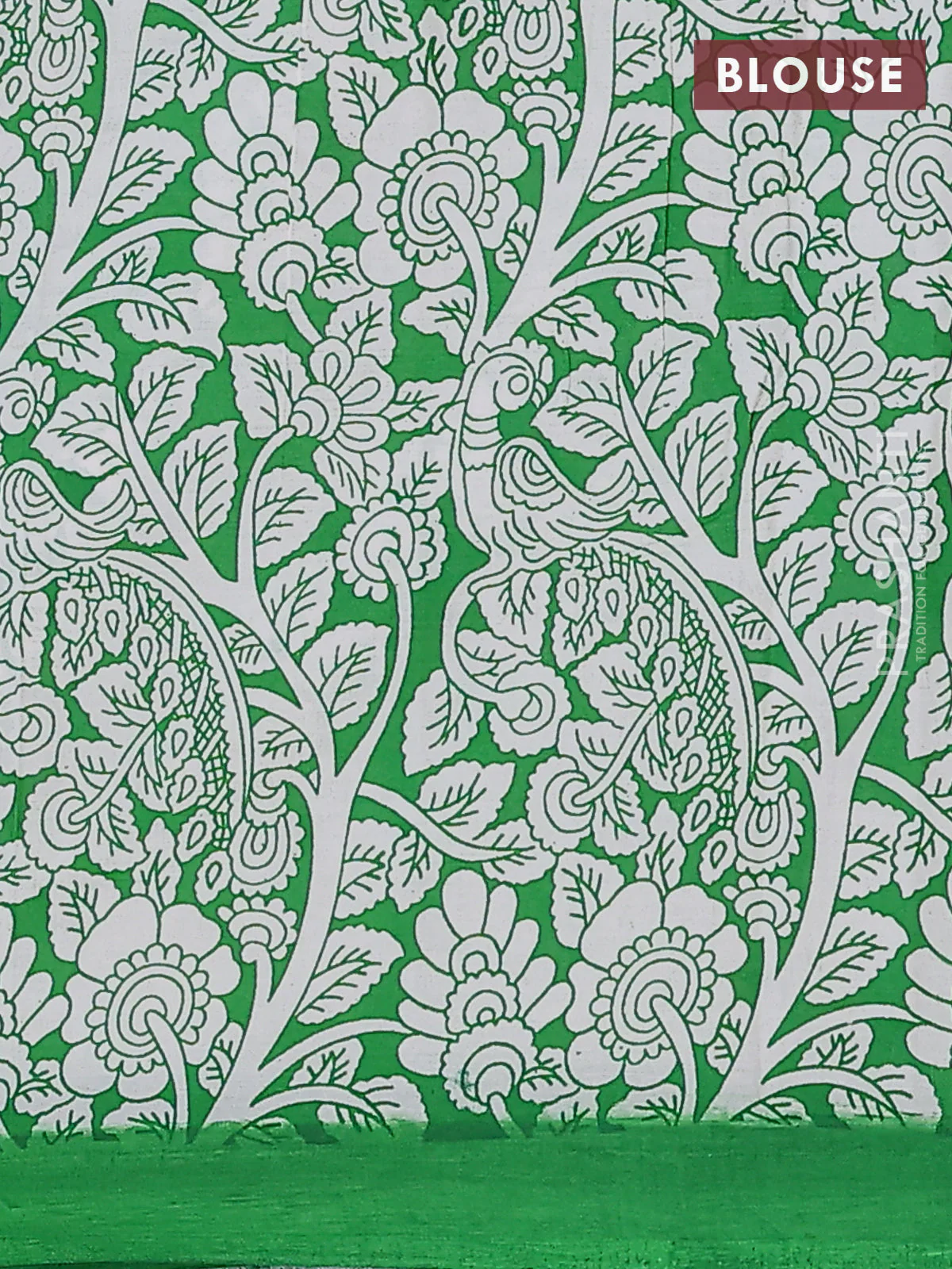 Kalamkari semi silk saree maroon and green with allover prints and simple border - Image 4