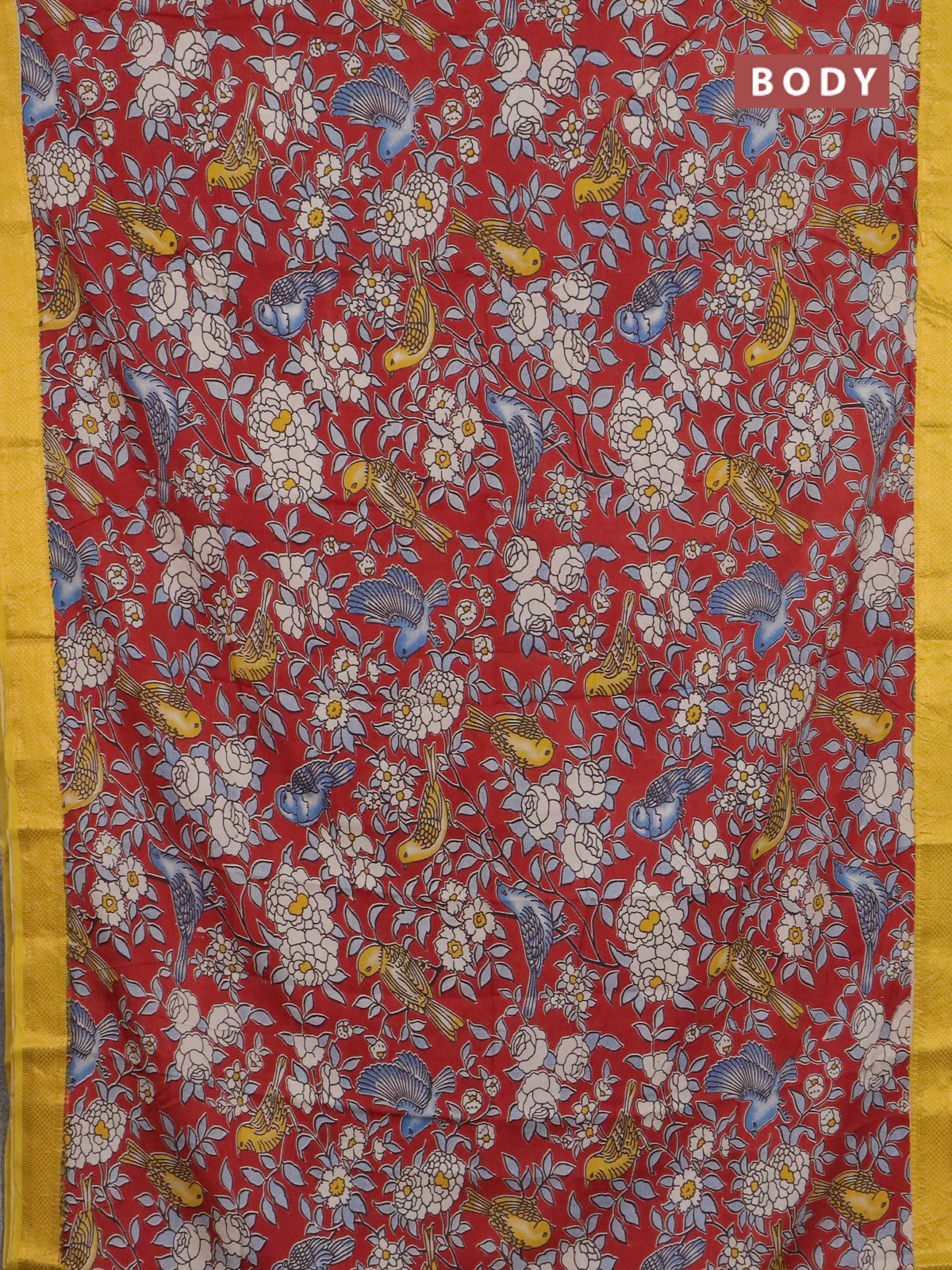 Kalamkari semi silk saree maroon and lime yellow with allover prints and mangalgiri border - Image 2