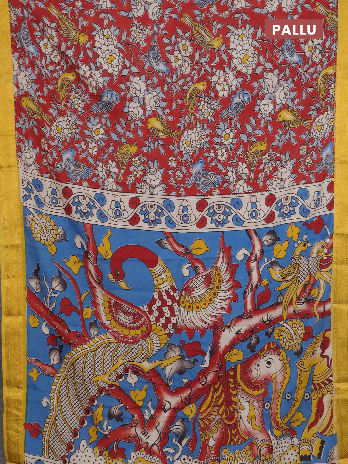 Kalamkari semi silk saree maroon and lime yellow with allover prints and mangalgiri border - Image 3