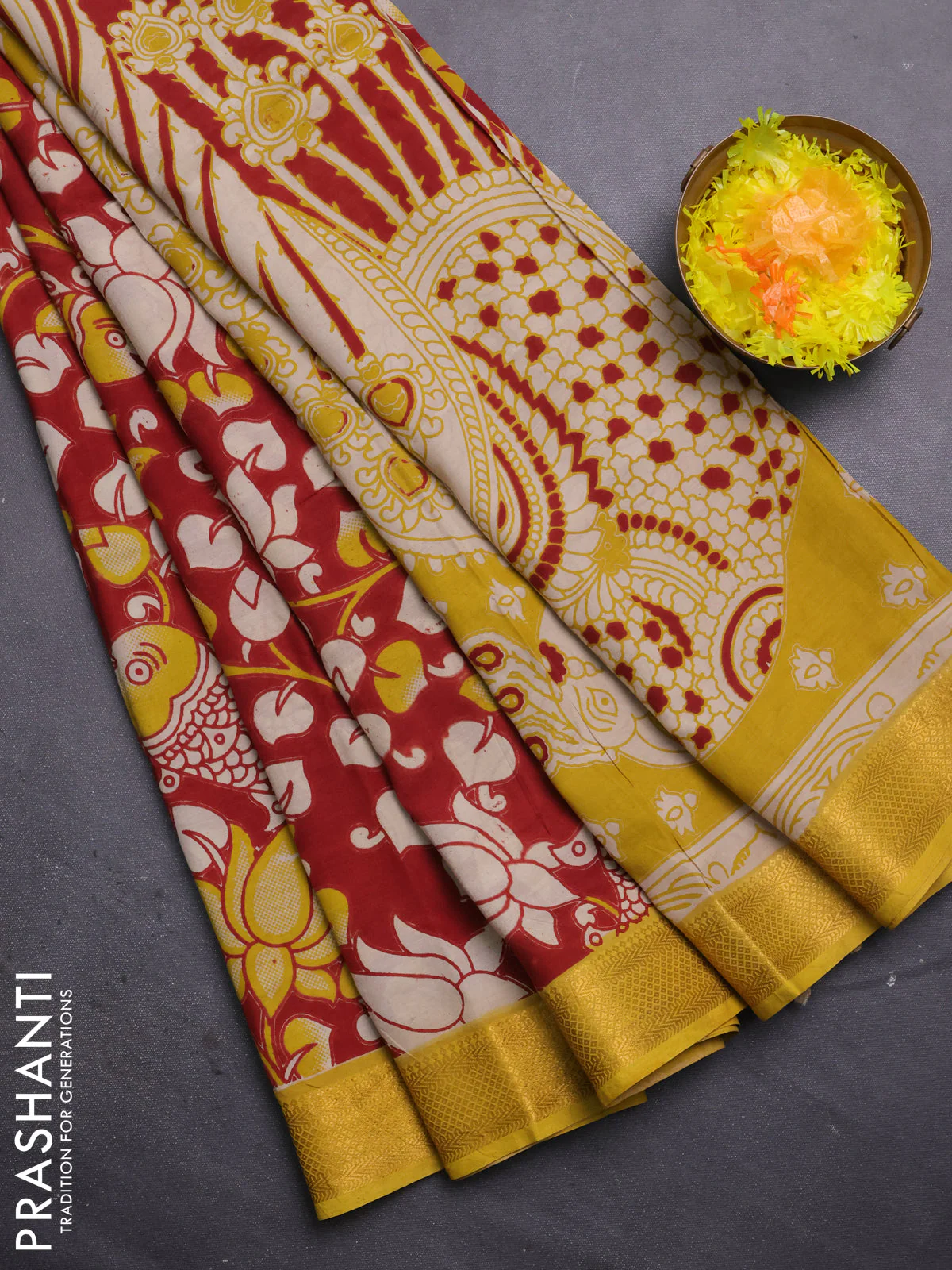 Kalamkari semi silk saree maroon and lime yellow with allover prints and mangalgiri border