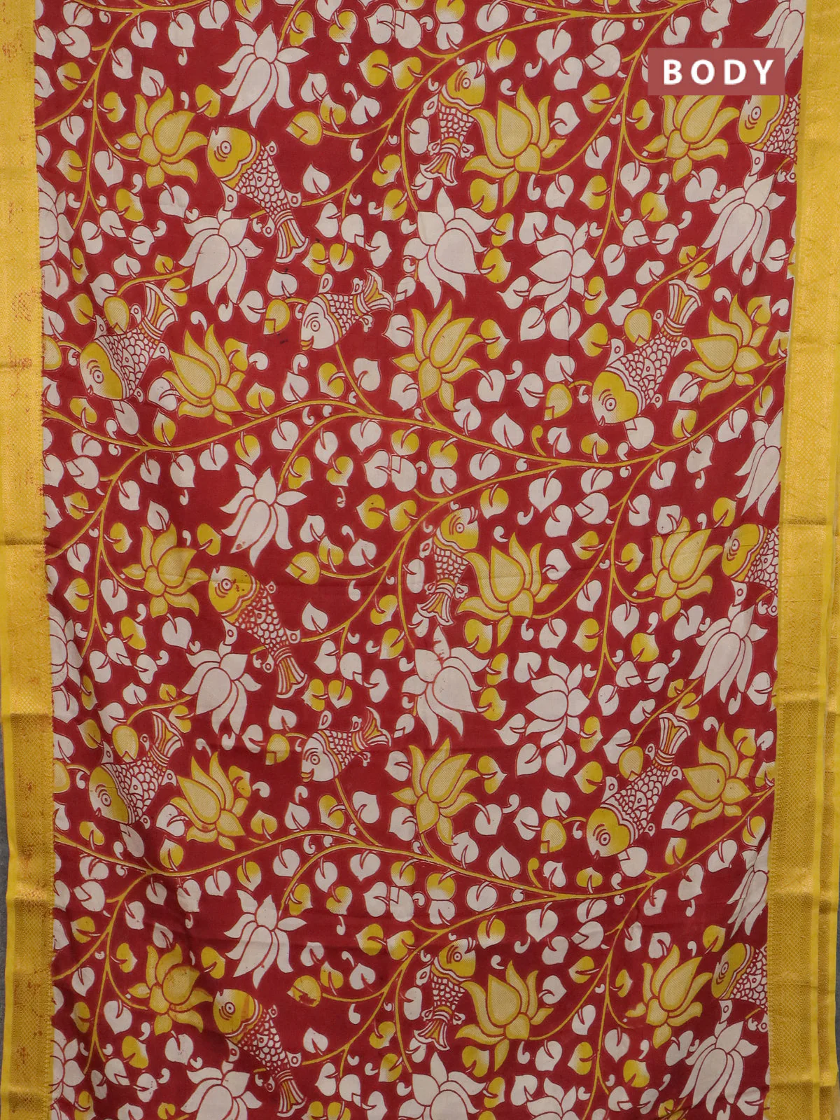 Kalamkari semi silk saree maroon and lime yellow with allover prints and mangalgiri border - Image 2