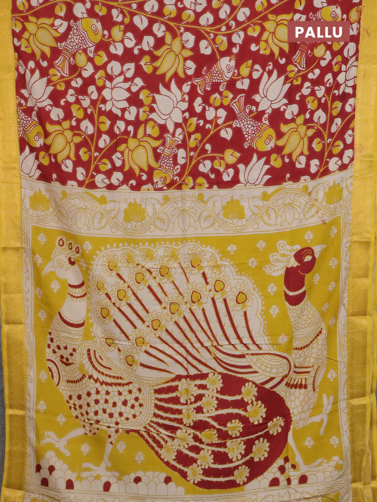 Kalamkari semi silk saree maroon and lime yellow with allover prints and mangalgiri border - Image 3