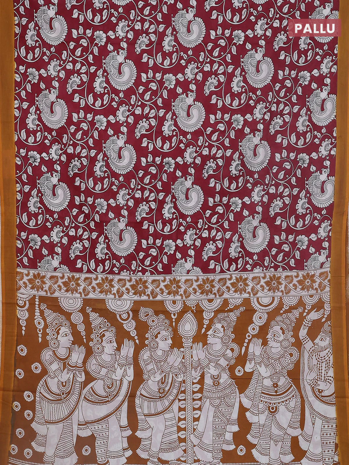 Kalamkari semi silk saree maroon and mustard yellow with allover prints and simple border - Image 3
