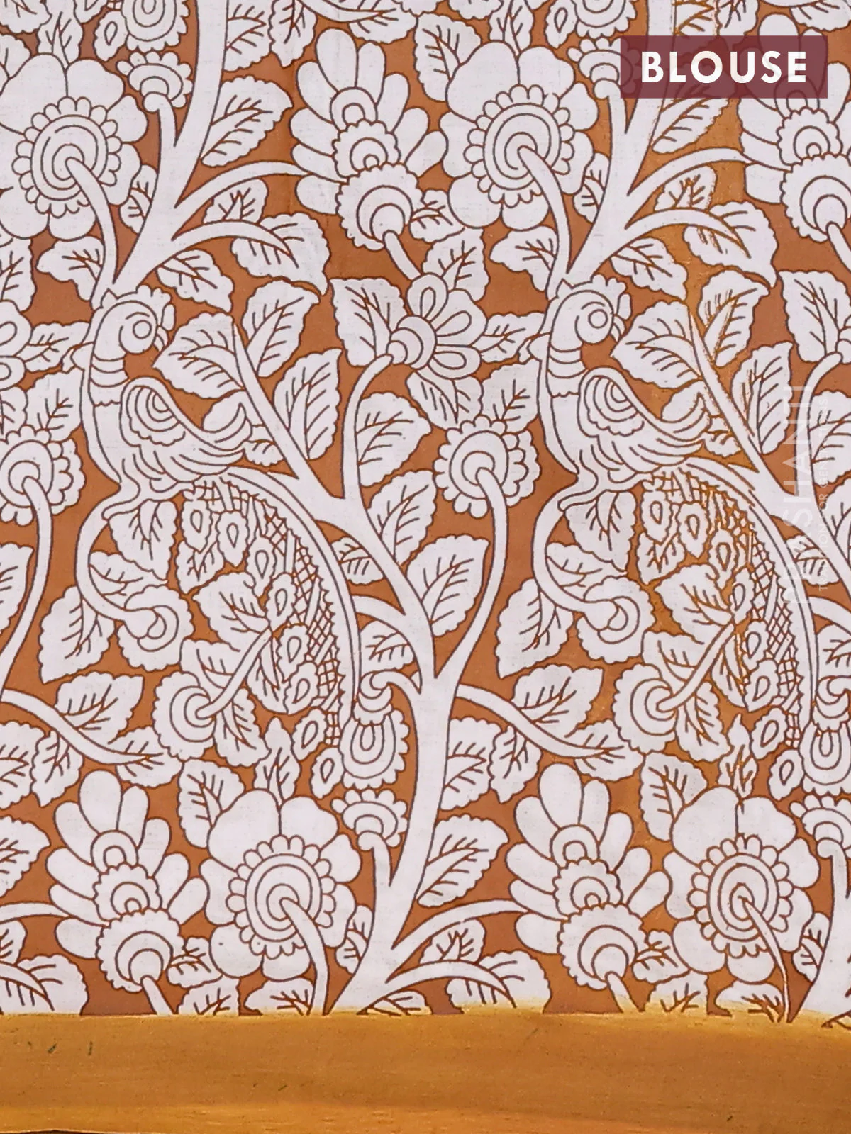 Kalamkari semi silk saree maroon and mustard yellow with allover prints and simple border - Image 4