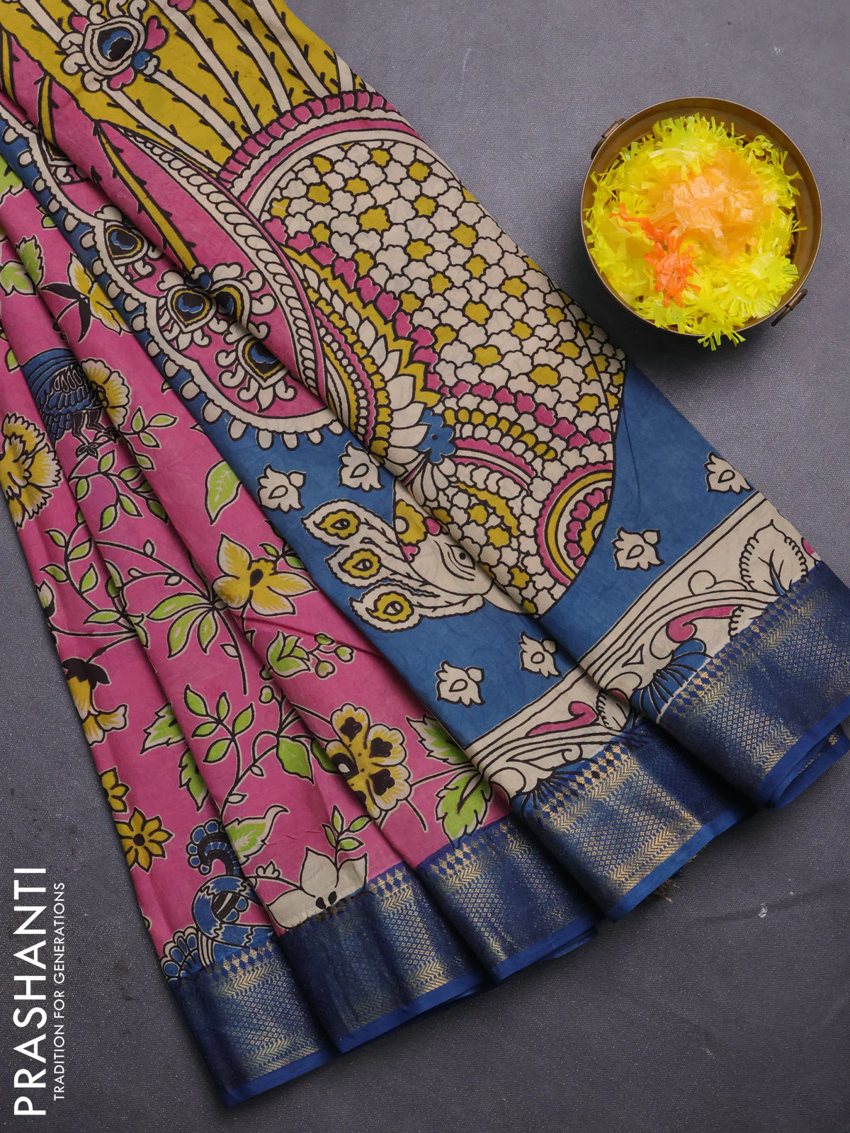 Kalamkari semi silk saree mauve pink and peacock blue with allover prints and mangalgiri border