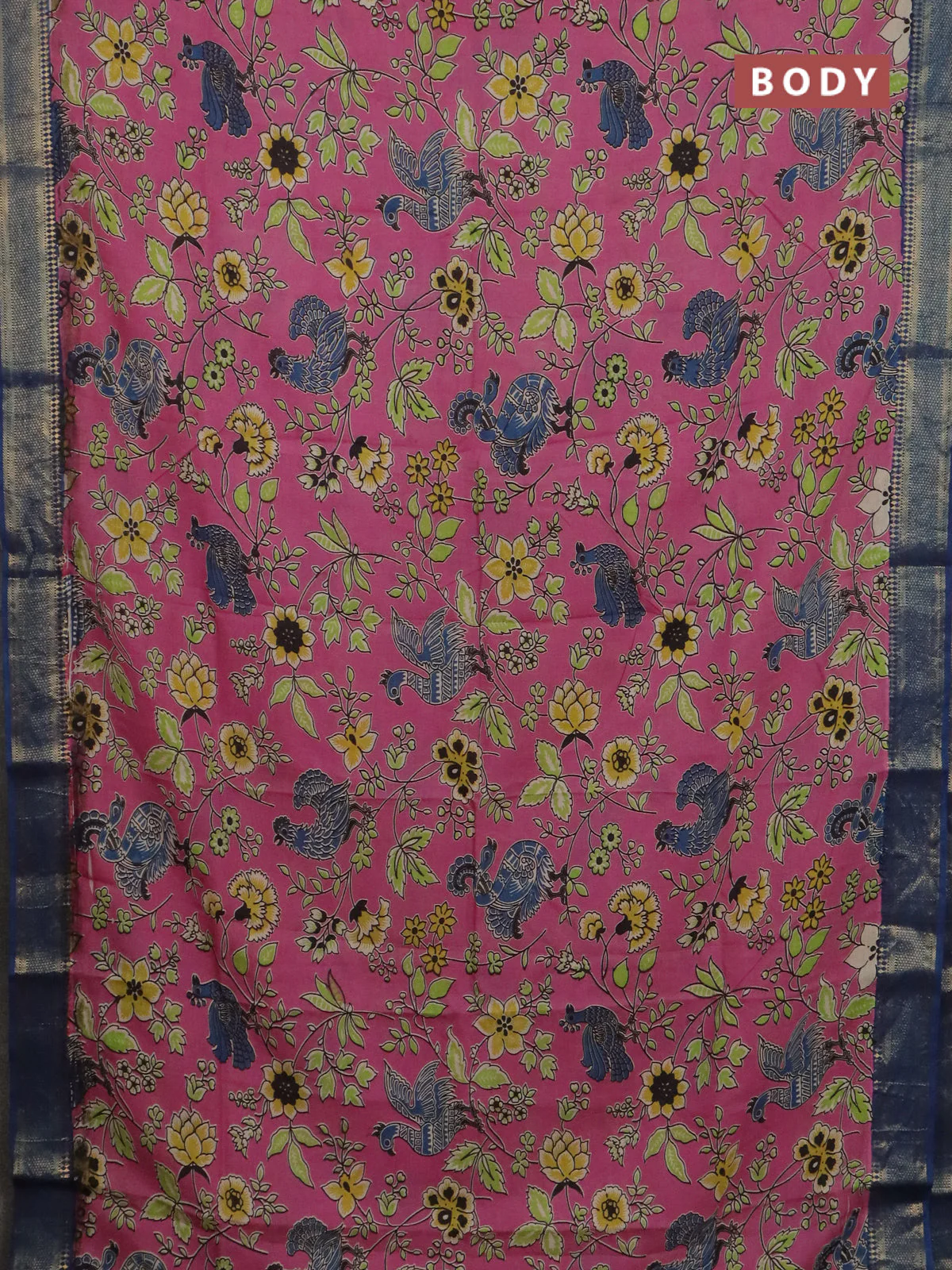 Kalamkari semi silk saree mauve pink and peacock blue with allover prints and mangalgiri border - Image 2