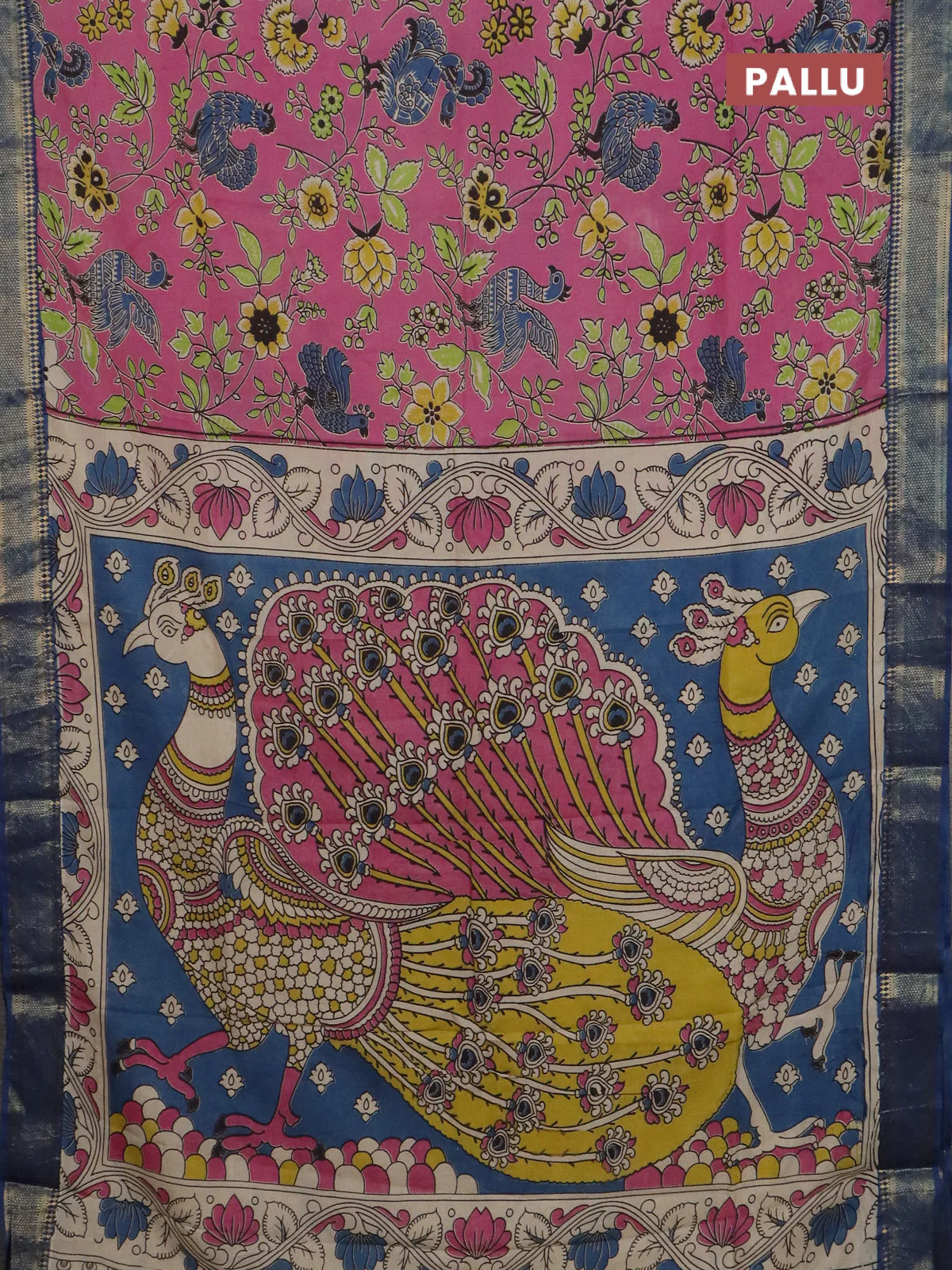 Kalamkari semi silk saree mauve pink and peacock blue with allover prints and mangalgiri border - Image 3