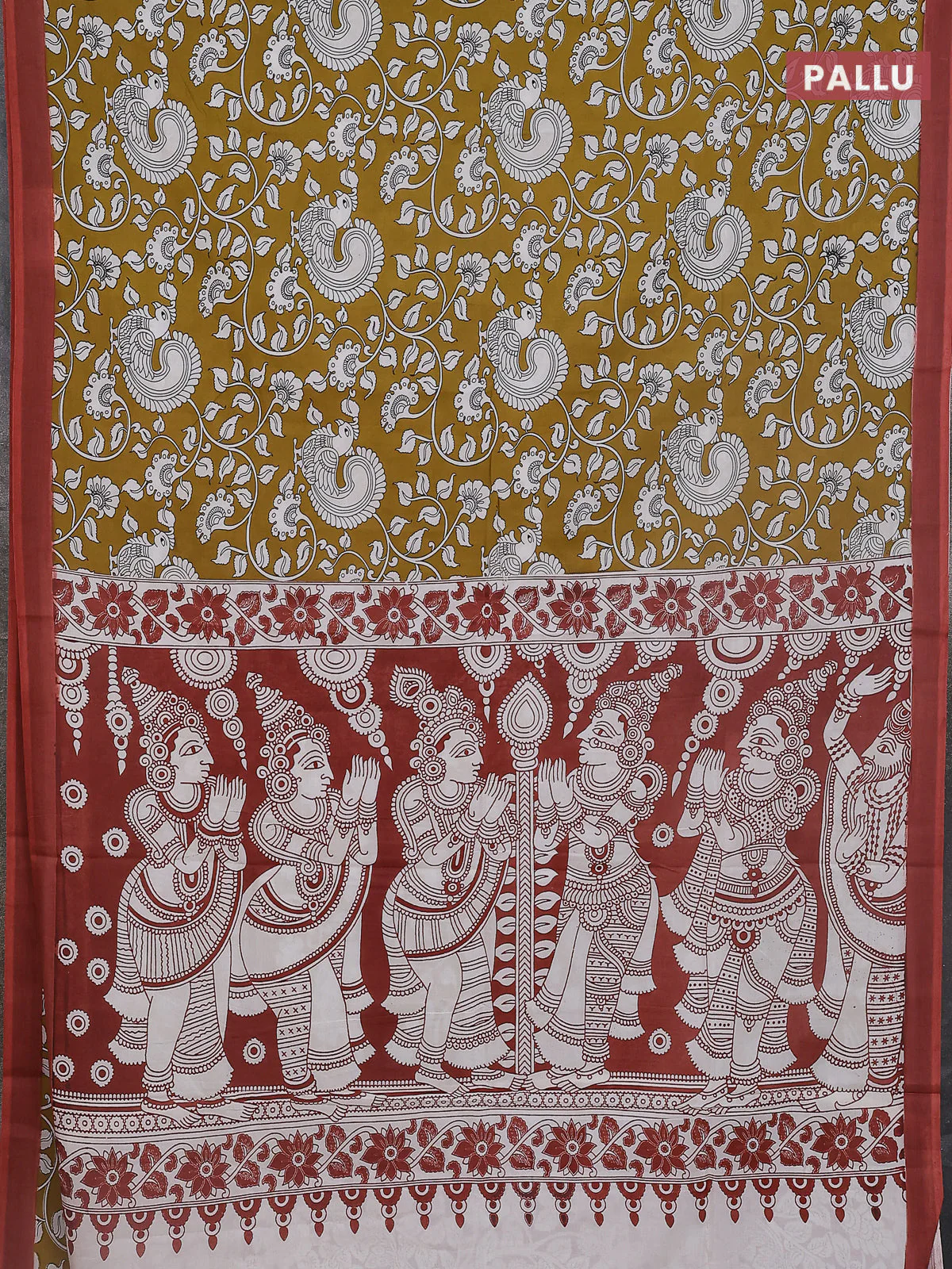 Kalamkari semi silk saree mustard yellow and rust shade with allover prints and simple border - Image 3