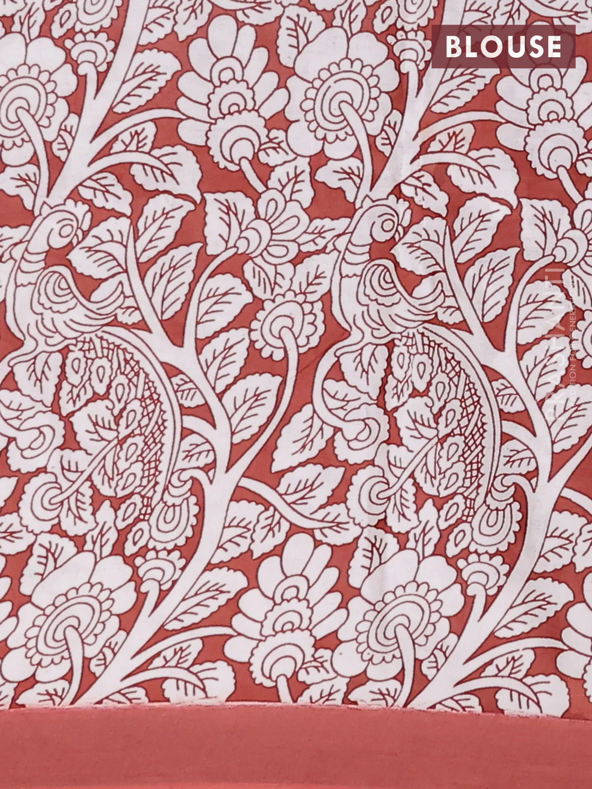 Kalamkari semi silk saree mustard yellow and rust shade with allover prints and simple border - Image 4