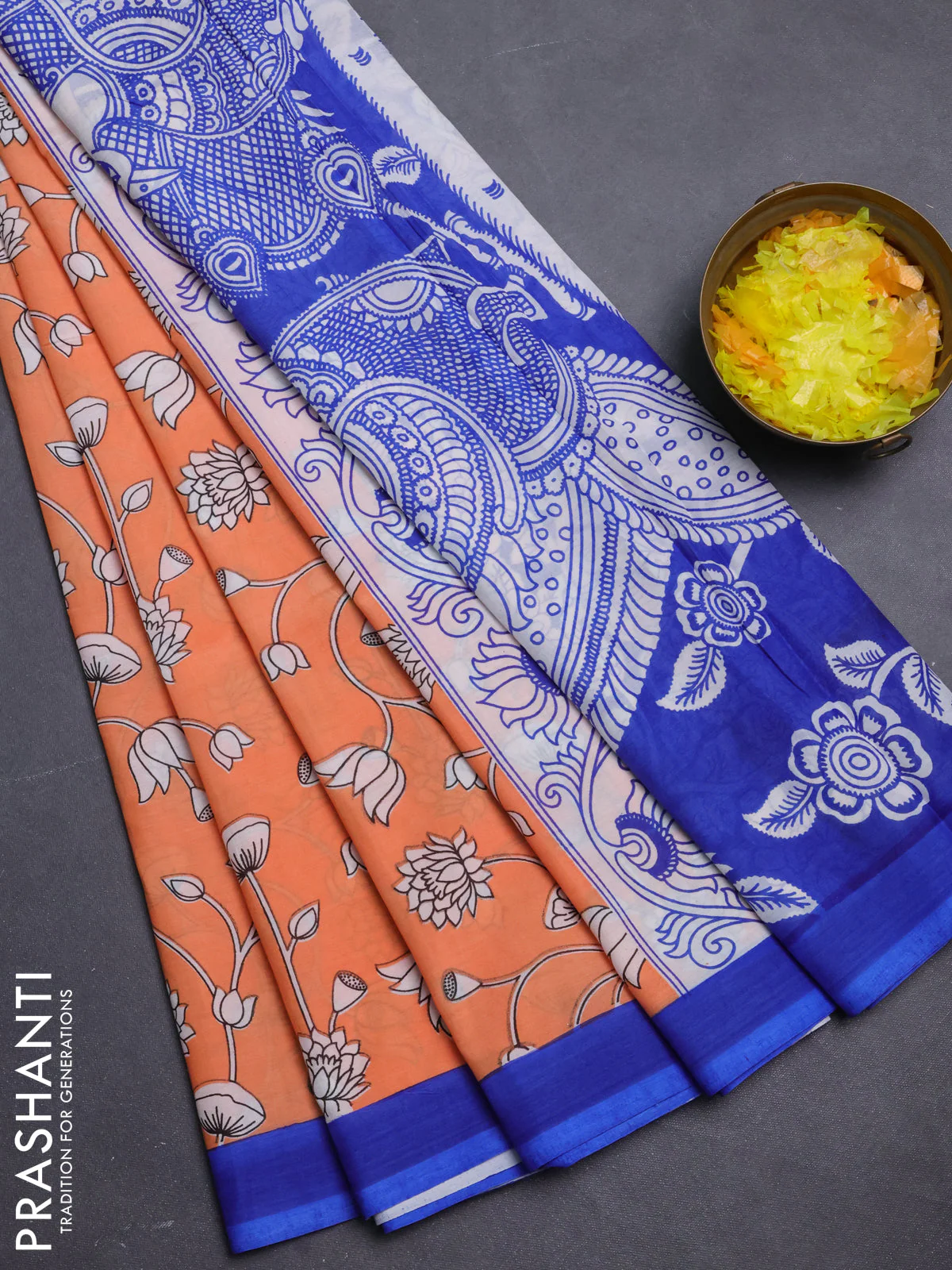 Kalamkari semi silk saree orange and blue with allover prints and simple border