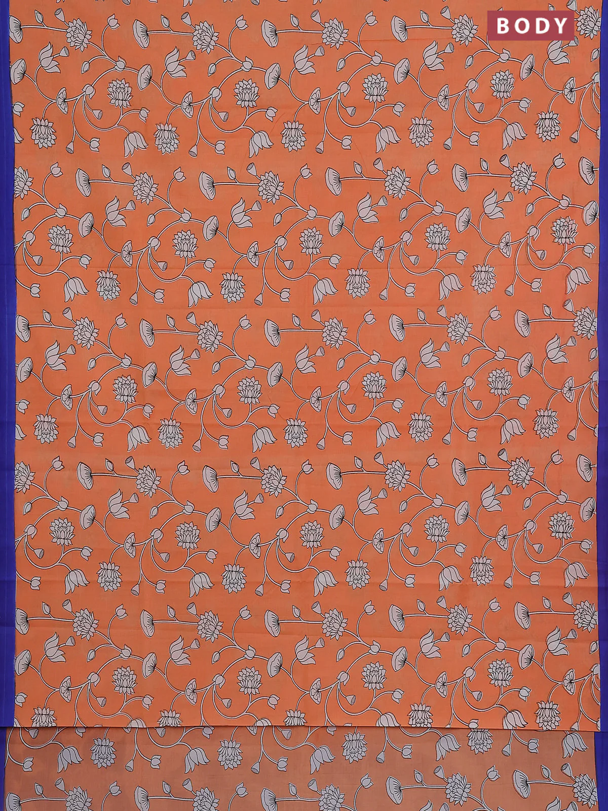 Kalamkari semi silk saree orange and blue with allover prints and simple border - Image 2