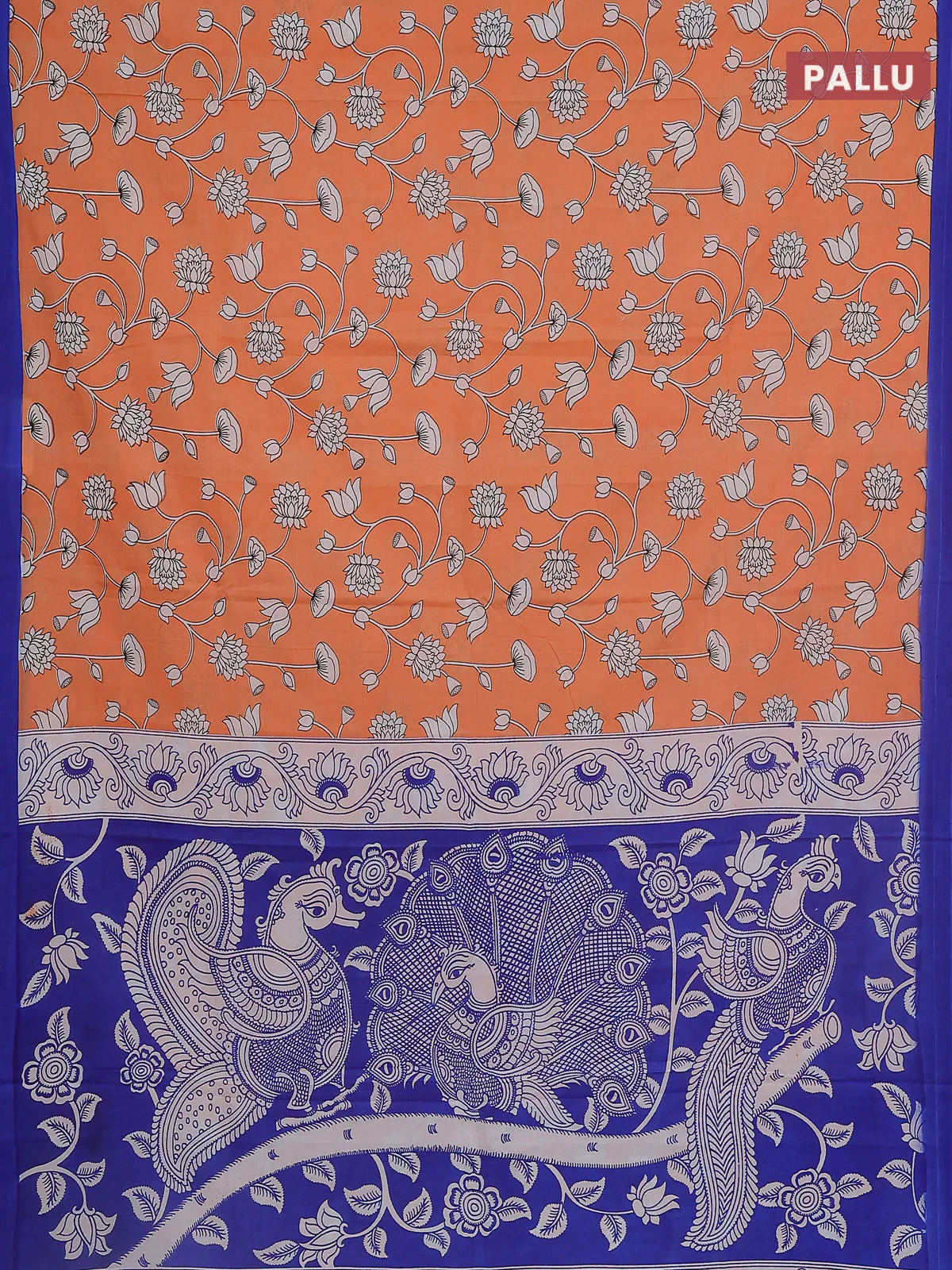 Kalamkari semi silk saree orange and blue with allover prints and simple border - Image 3
