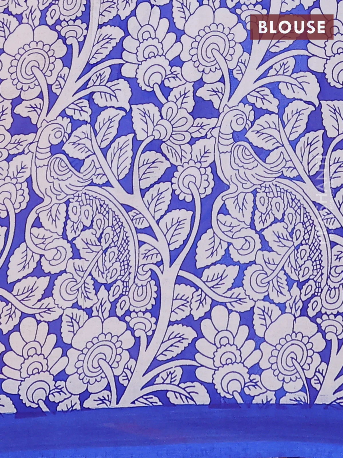 Kalamkari semi silk saree orange and blue with allover prints and simple border - Image 4
