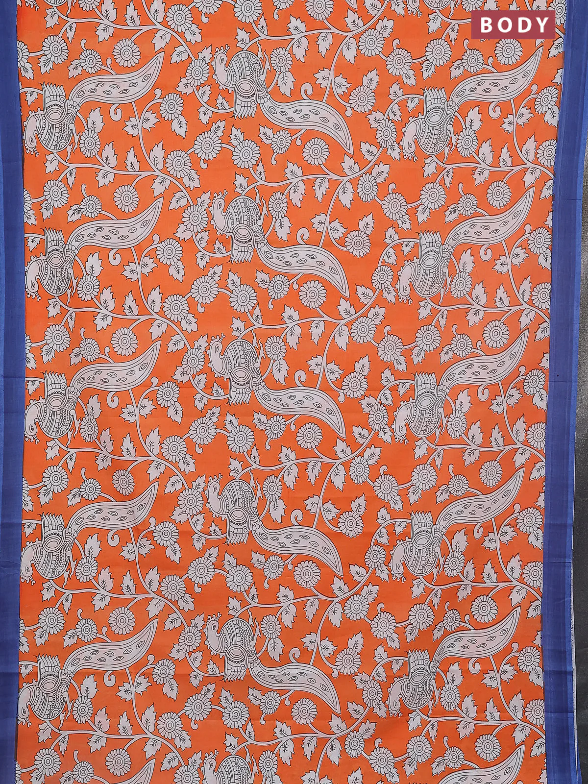 Kalamkari semi silk saree orange and blue with allover prints and simple border - Image 2