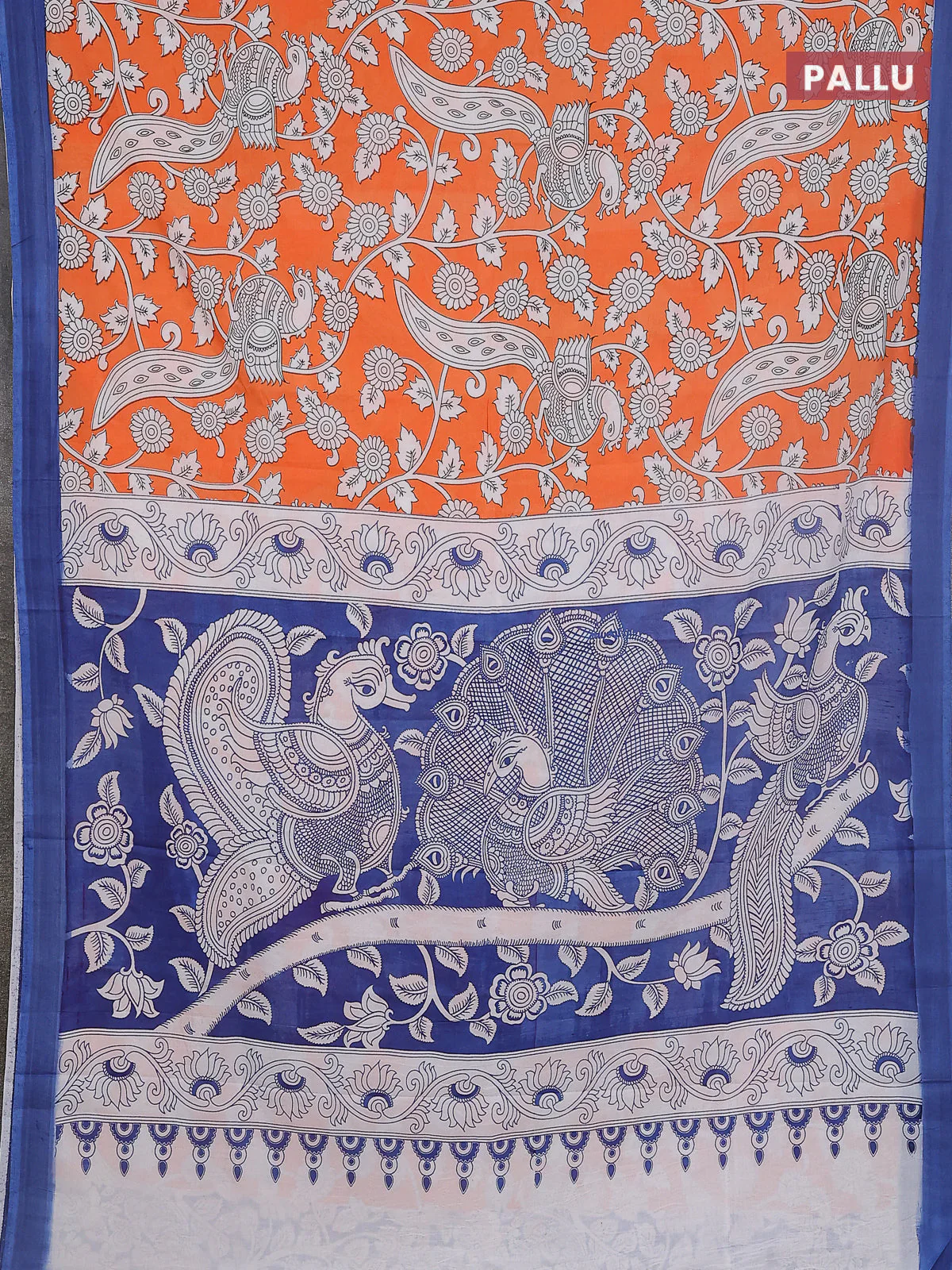Kalamkari semi silk saree orange and blue with allover prints and simple border - Image 3