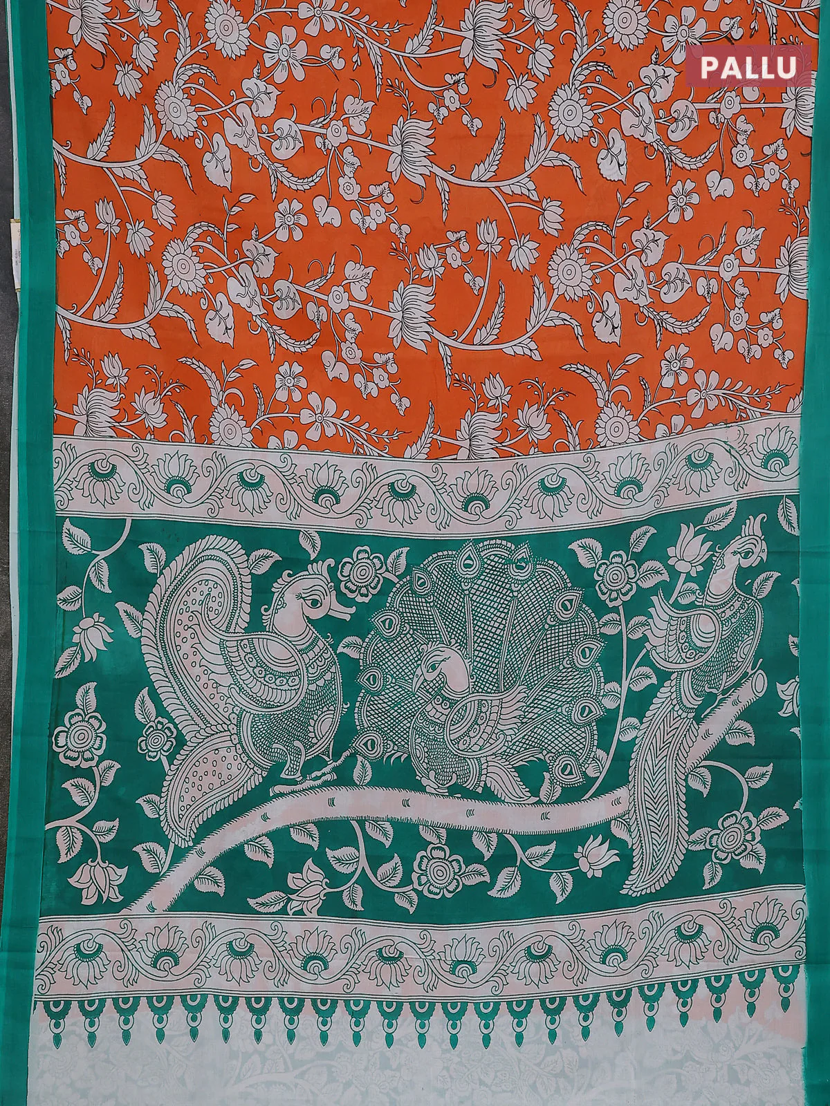 Kalamkari semi silk saree orange and green with allover prints and simple border - Image 3