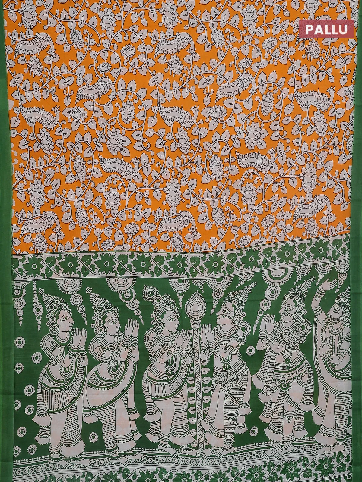 Kalamkari semi silk saree orange and green with allover prints and simple border - Image 3