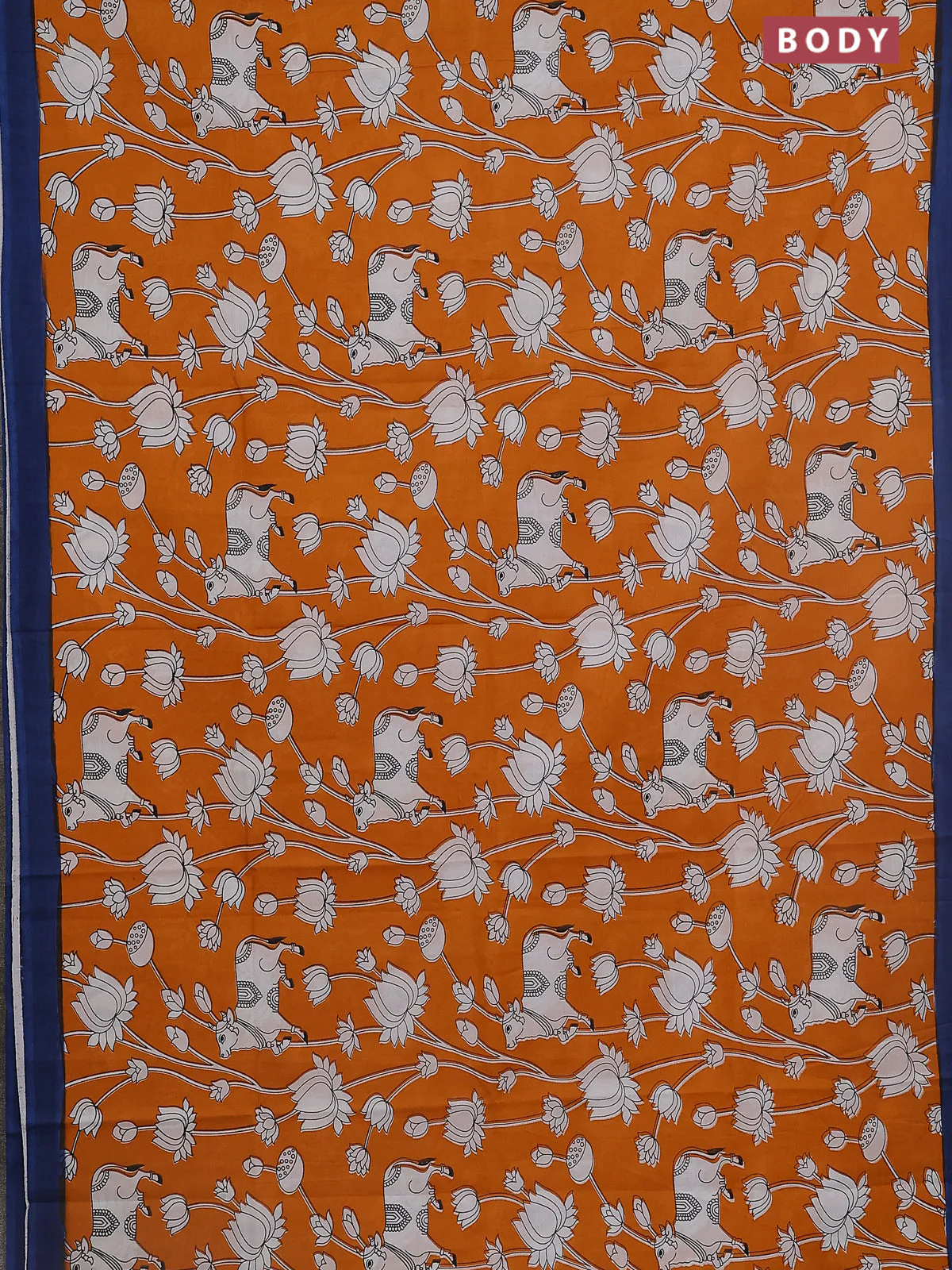 Kalamkari semi silk saree orange and peacock blue with allover pichwai prints and simple border - Image 2