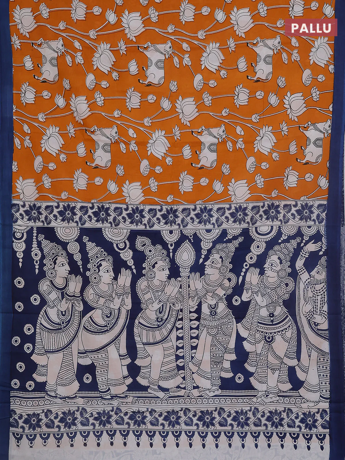 Kalamkari semi silk saree orange and peacock blue with allover pichwai prints and simple border - Image 3
