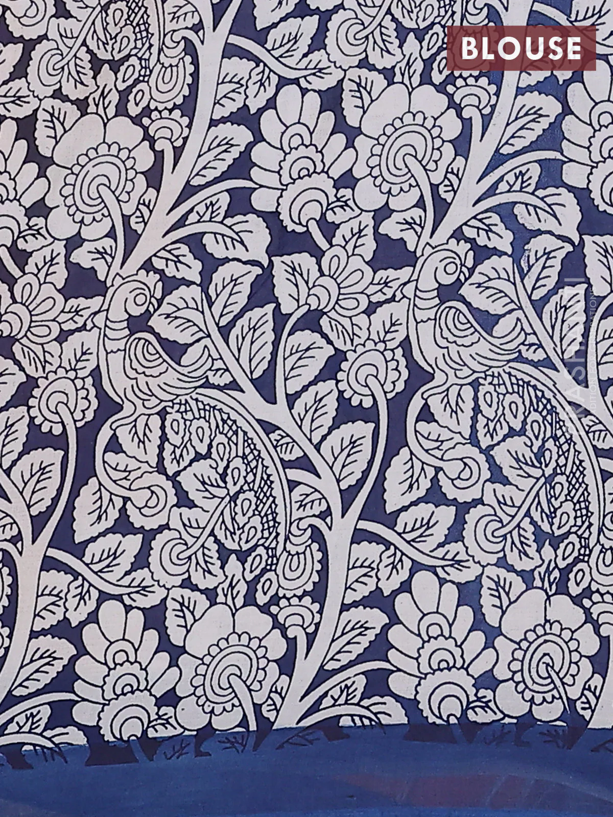Kalamkari semi silk saree orange and peacock blue with allover pichwai prints and simple border - Image 4