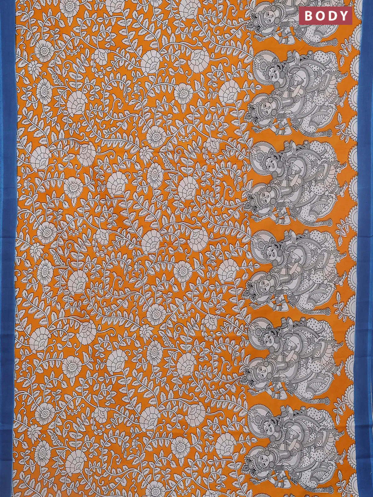Kalamkari semi silk saree orange and peacock blue with allover prints and simple border - Image 2