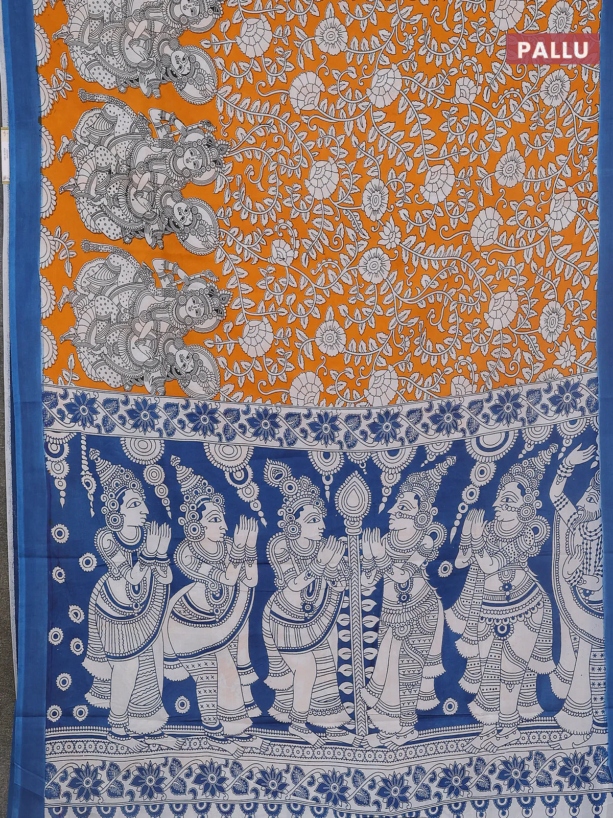 Kalamkari semi silk saree orange and peacock blue with allover prints and simple border - Image 3