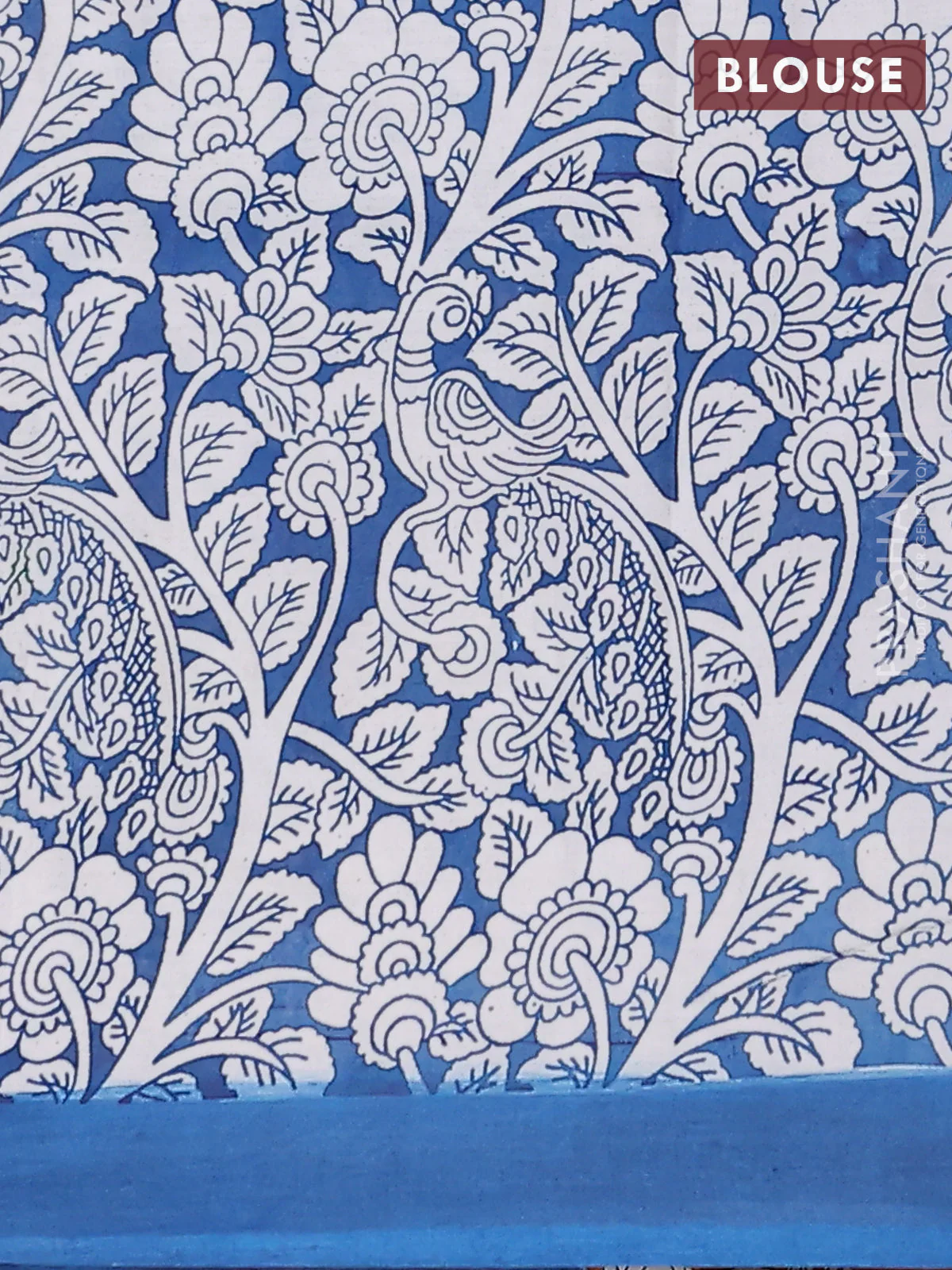 Kalamkari semi silk saree orange and peacock blue with allover prints and simple border - Image 4