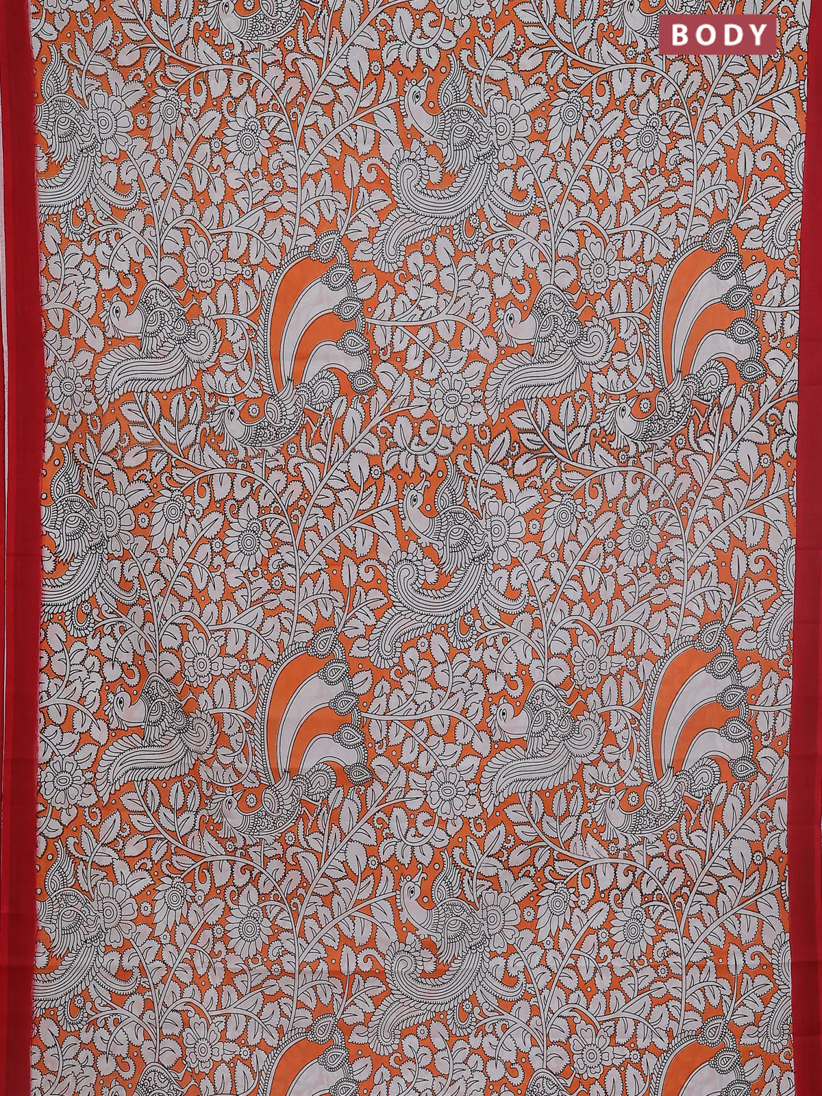 Kalamkari semi silk saree orange and red with allover prints and simple border - Image 2