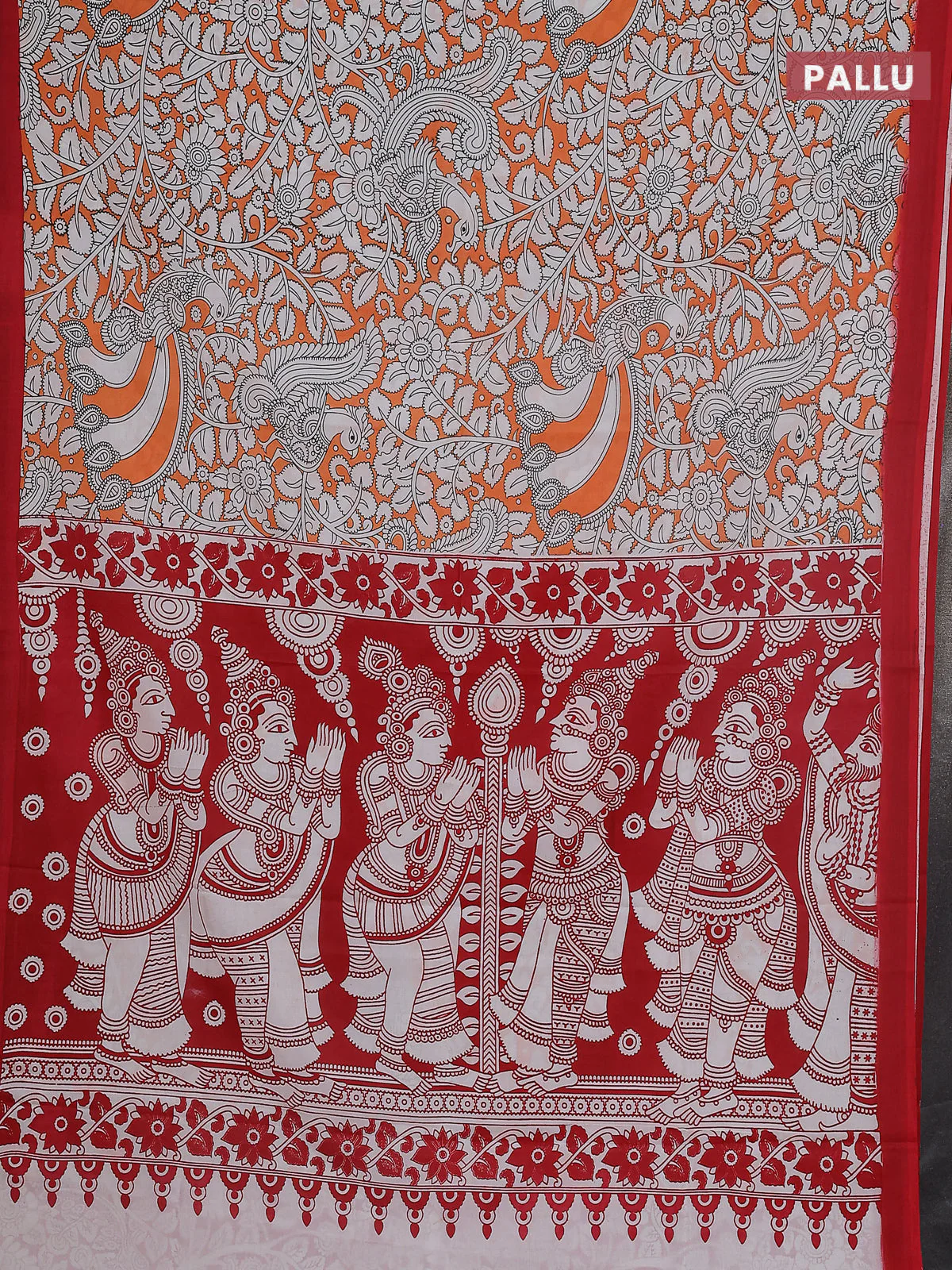 Kalamkari semi silk saree orange and red with allover prints and simple border - Image 3