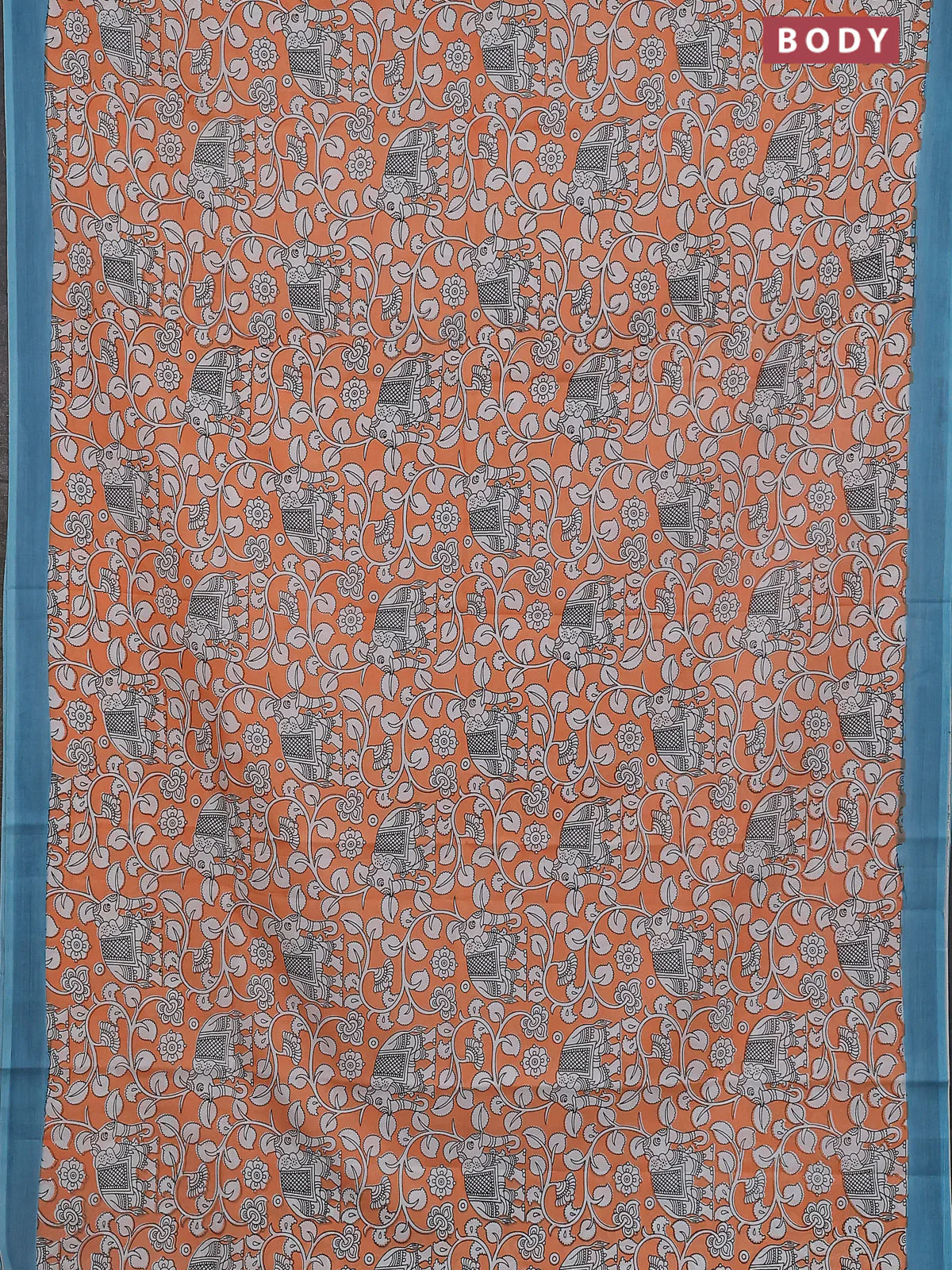 Kalamkari semi silk saree orange and teal blue with allover prints and simple border - Image 2