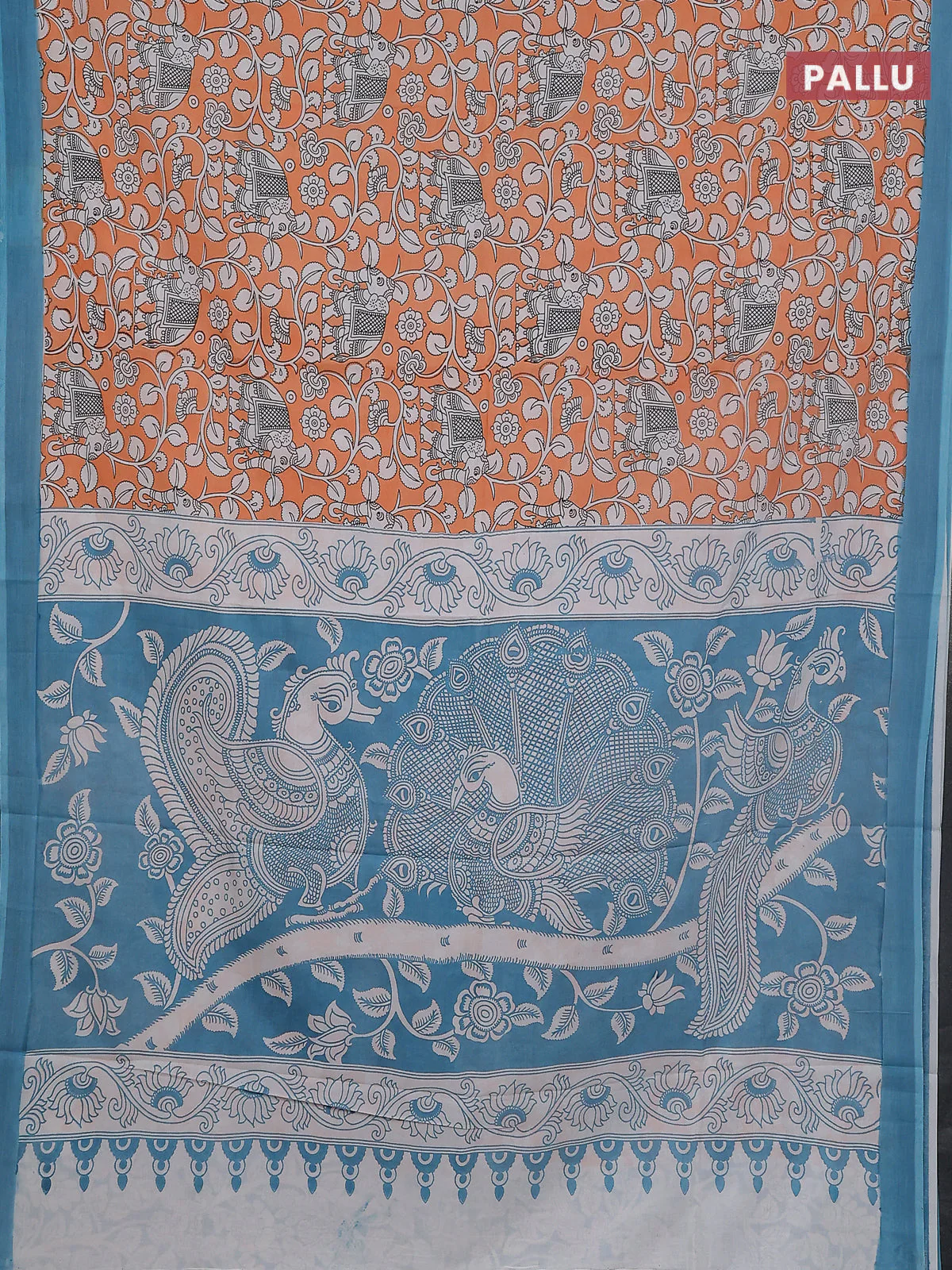 Kalamkari semi silk saree orange and teal blue with allover prints and simple border - Image 3