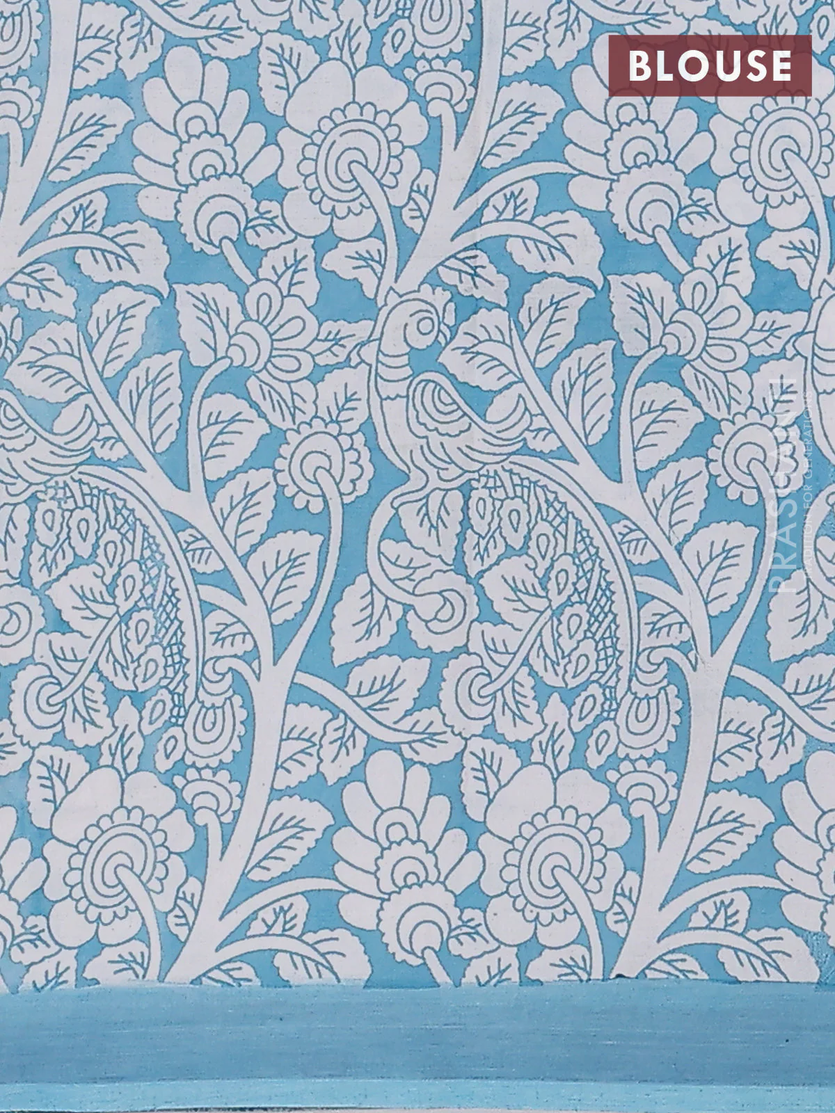 Kalamkari semi silk saree orange and teal blue with allover prints and simple border - Image 4