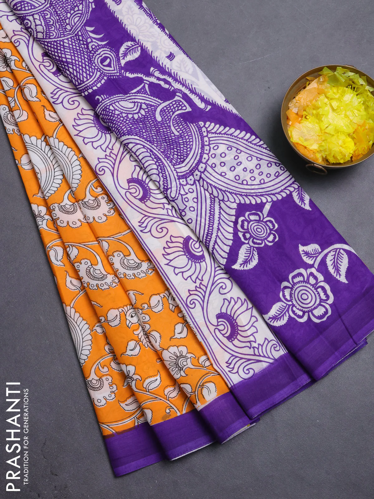 Kalamkari semi silk saree orange and violet with allover prints and simple border