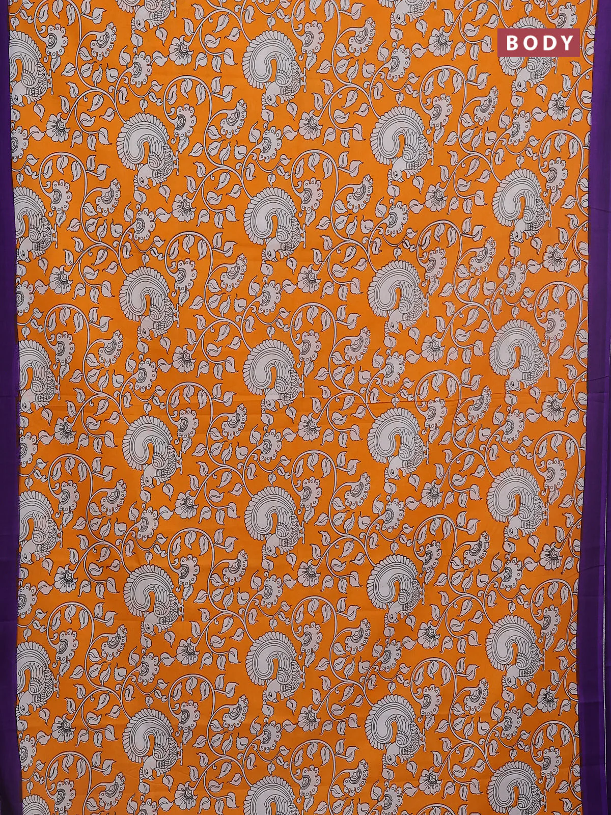 Kalamkari semi silk saree orange and violet with allover prints and simple border - Image 2